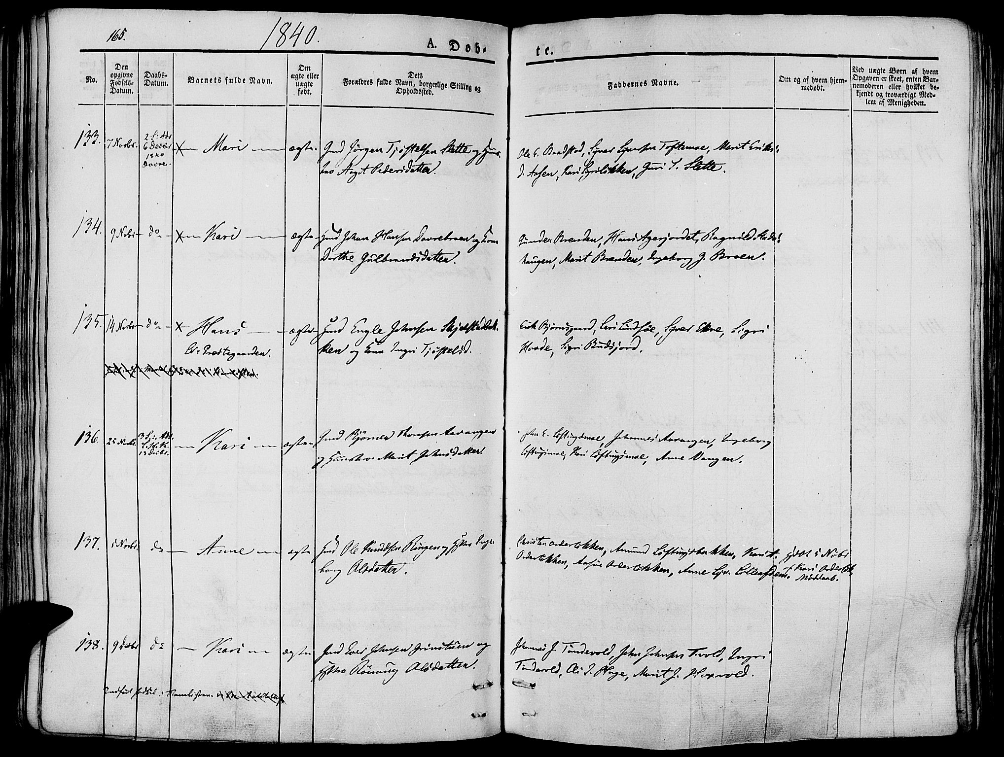 Lesja prestekontor, SAH/PREST-068/H/Ha/Haa/L0005: Parish register (official) no. 5, 1830-1842, p. 165