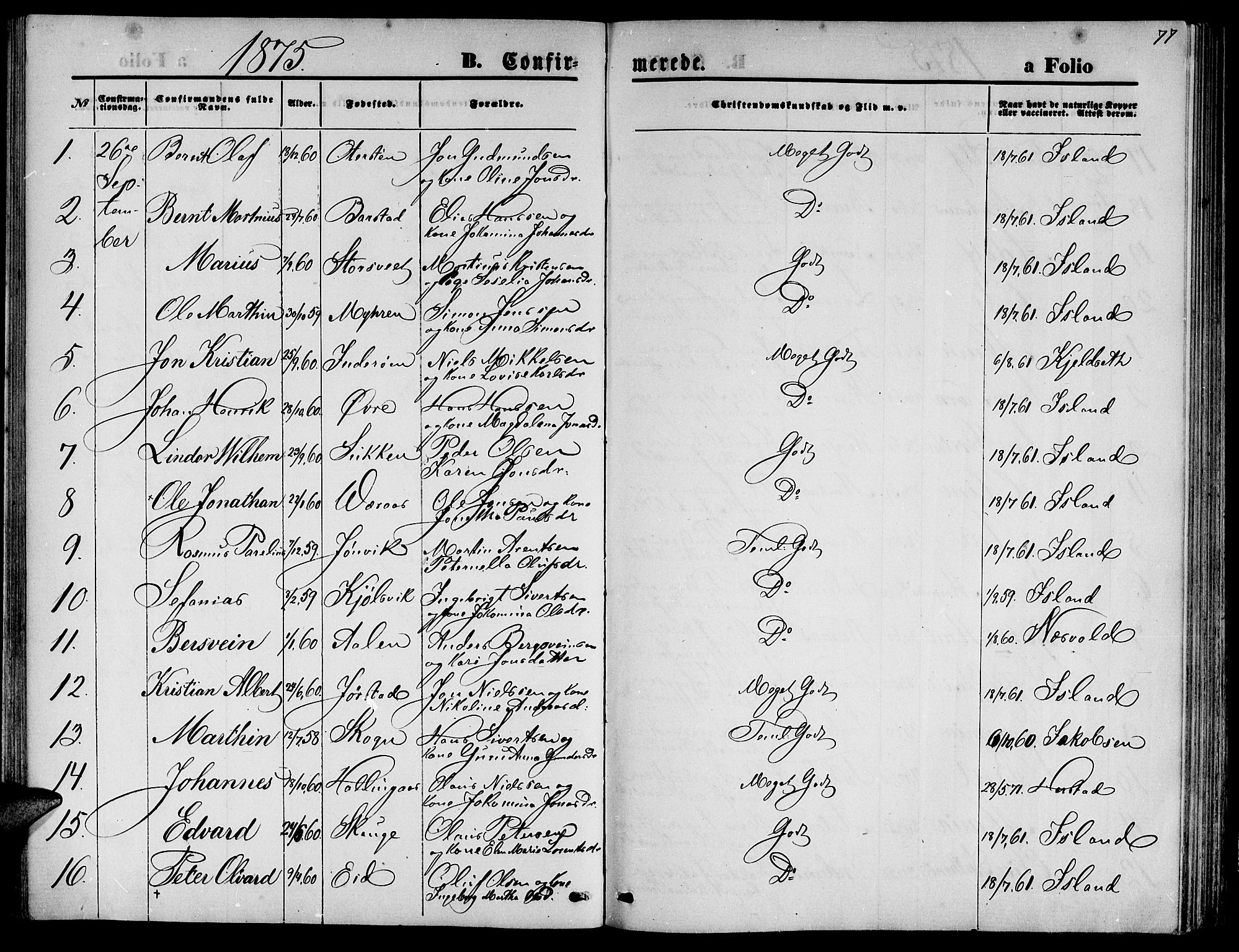 Ministerialprotokoller, klokkerbøker og fødselsregistre - Nord-Trøndelag, SAT/A-1458/722/L0225: Parish register (copy) no. 722C01, 1871-1888, p. 77