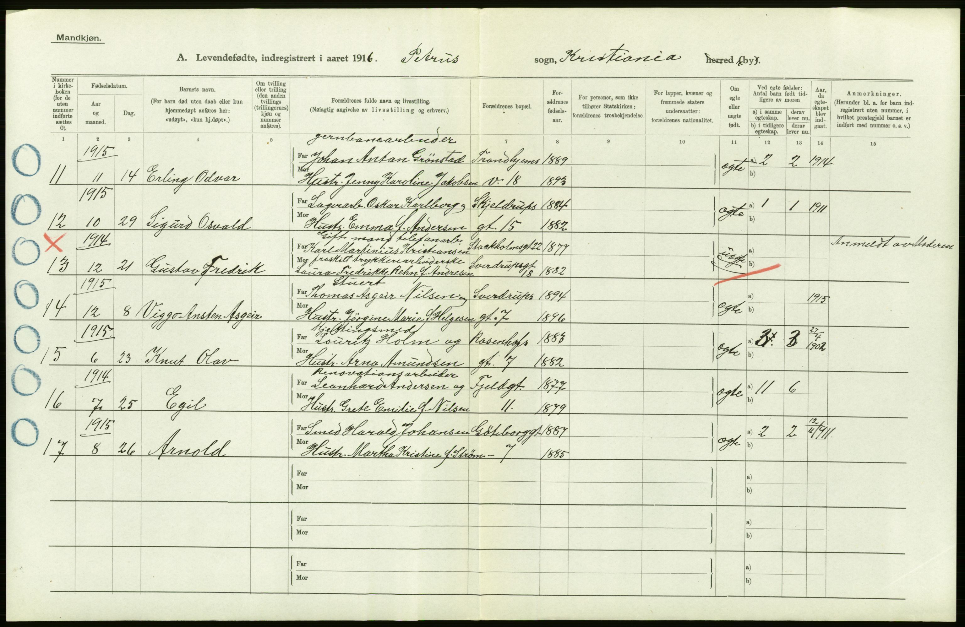 Statistisk sentralbyrå, Sosiodemografiske emner, Befolkning, AV/RA-S-2228/D/Df/Dfb/Dfbf/L0006: Kristiania: Levendefødte menn og kvinner., 1916, p. 550