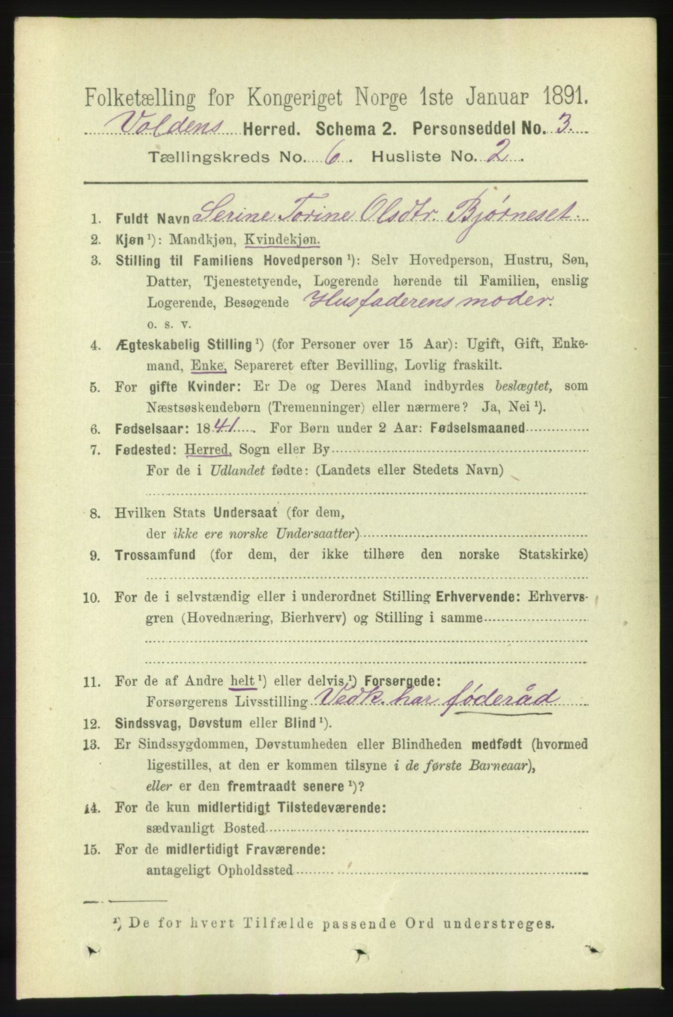 RA, 1891 census for 1519 Volda, 1891, p. 2873