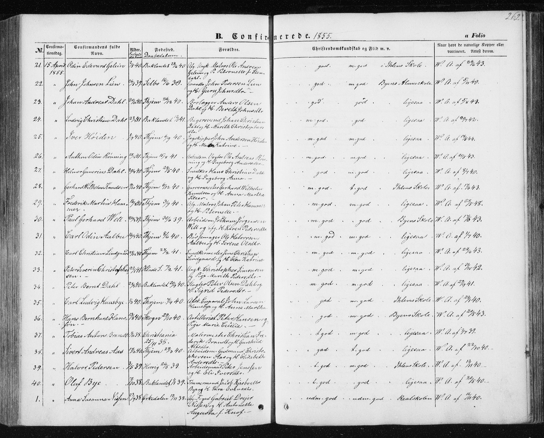 Ministerialprotokoller, klokkerbøker og fødselsregistre - Sør-Trøndelag, SAT/A-1456/602/L0112: Parish register (official) no. 602A10, 1848-1859, p. 262