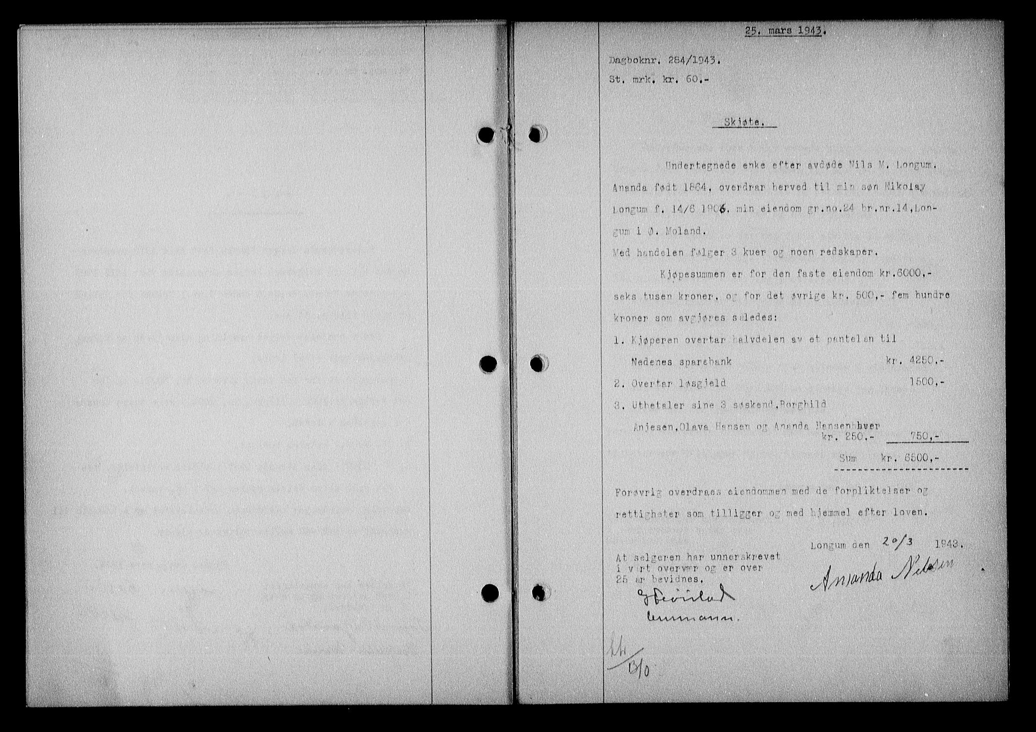 Nedenes sorenskriveri, SAK/1221-0006/G/Gb/Gba/L0050: Mortgage book no. A-IV, 1942-1943, Diary no: : 284/1943