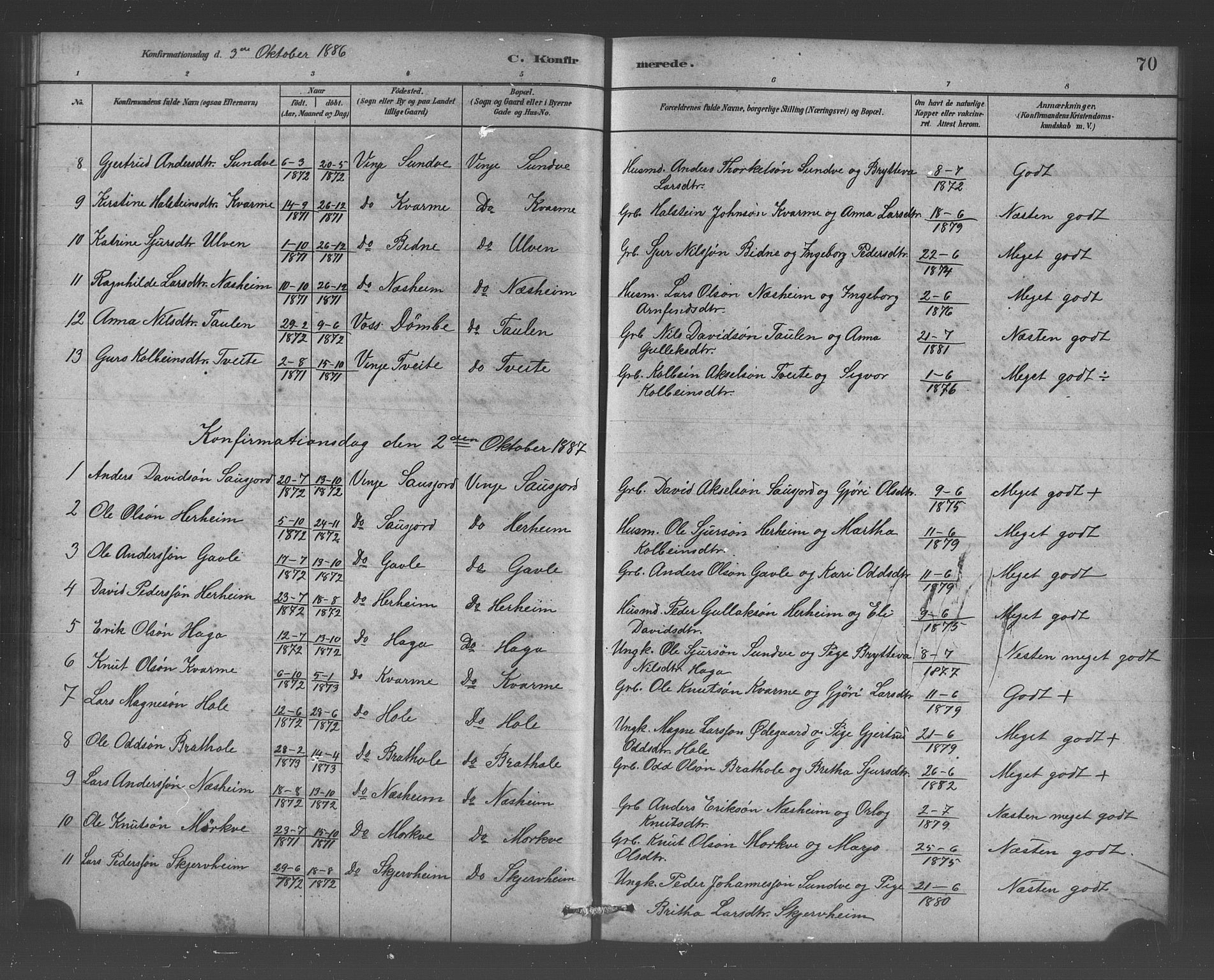 Vossestrand Sokneprestembete, SAB/A-79101/H/Hab: Parish register (copy) no. B 3, 1880-1907, p. 70