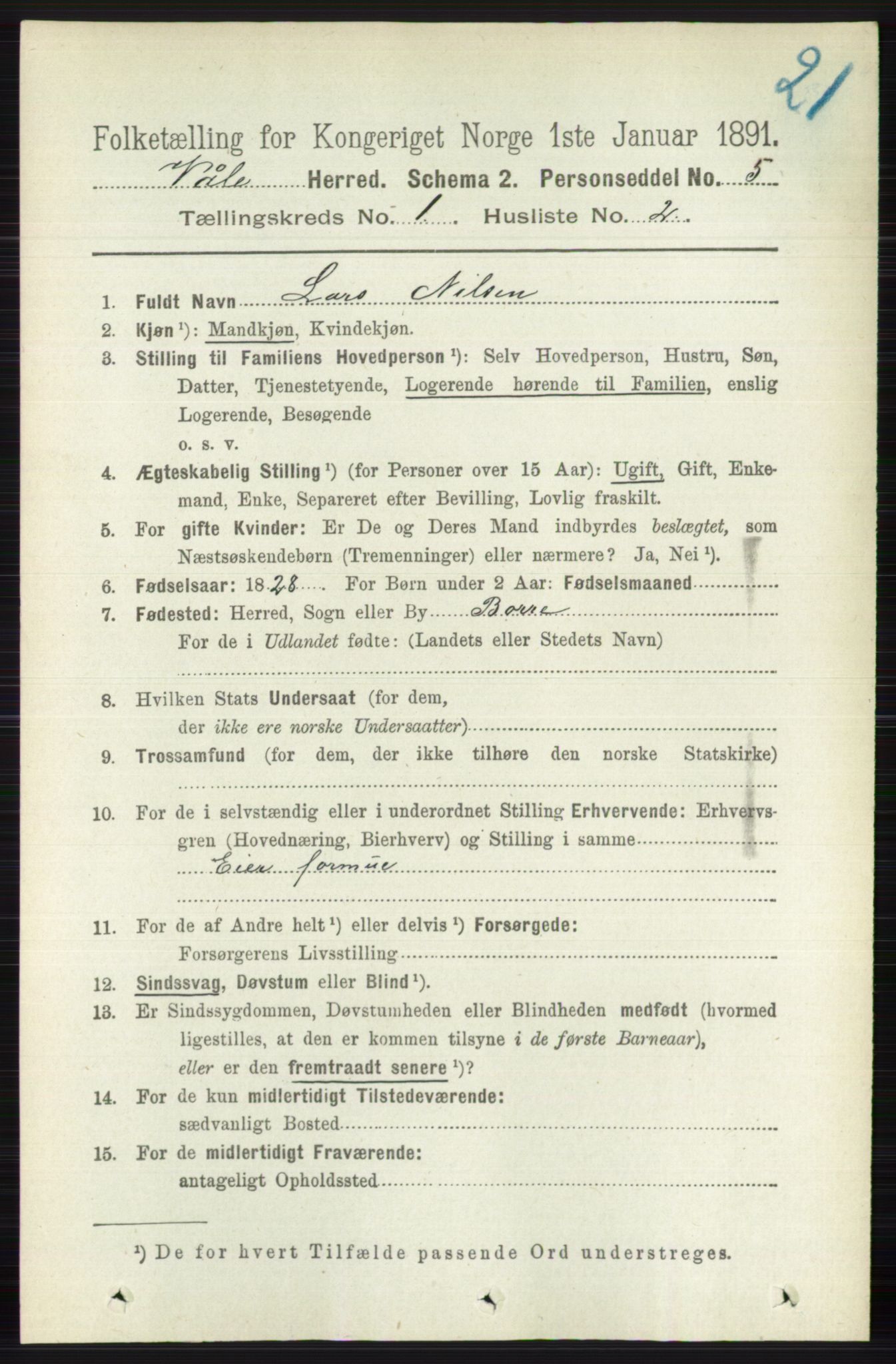 RA, 1891 census for 0716 Våle, 1891, p. 94