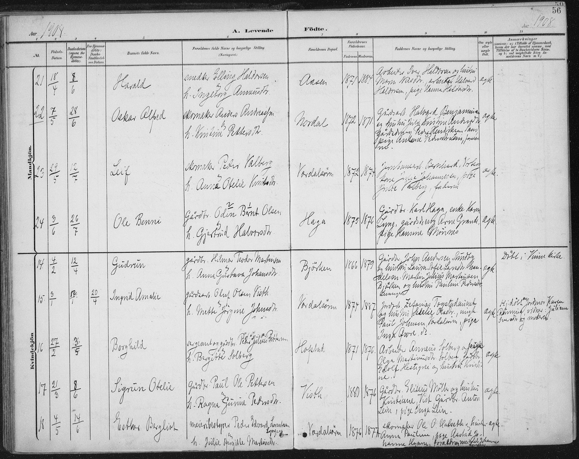 Ministerialprotokoller, klokkerbøker og fødselsregistre - Nord-Trøndelag, AV/SAT-A-1458/723/L0246: Parish register (official) no. 723A15, 1900-1917, p. 56