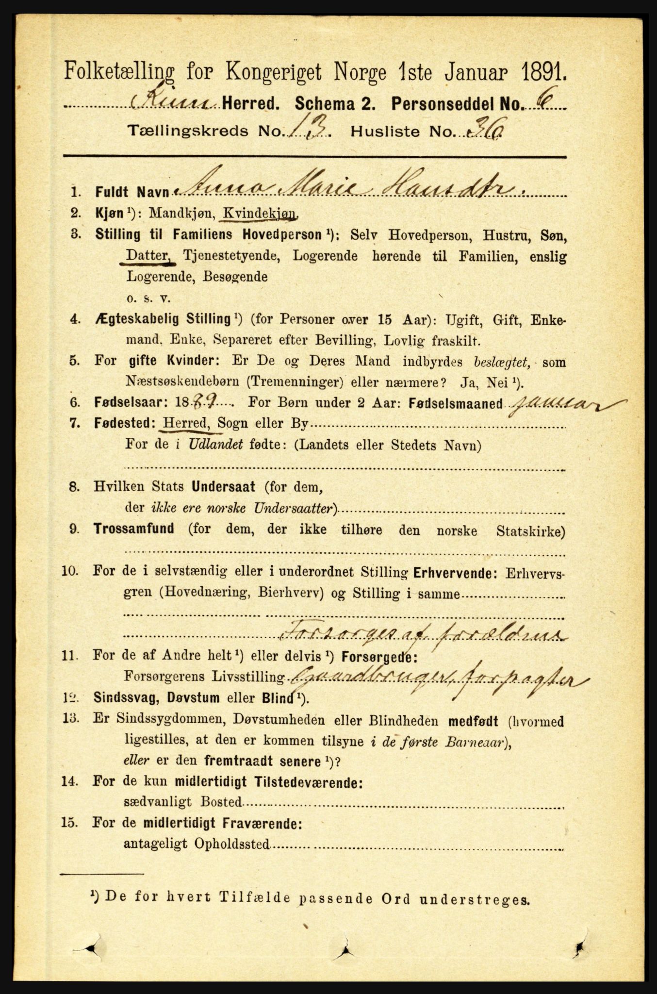 RA, 1891 census for 1437 Kinn, 1891, p. 5307