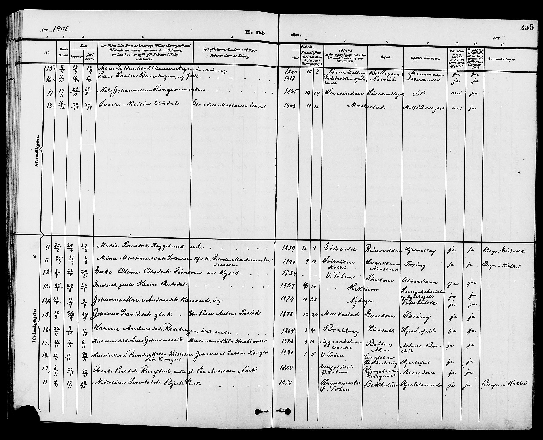 Vestre Toten prestekontor, SAH/PREST-108/H/Ha/Hab/L0010: Parish register (copy) no. 10, 1900-1912, p. 255
