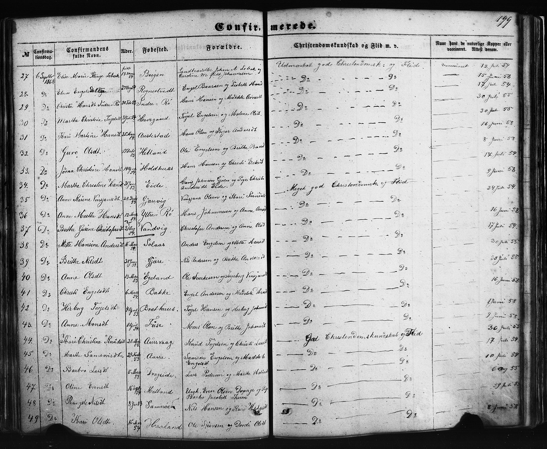 Fusa sokneprestembete, AV/SAB-A-75401/H/Haa: Parish register (official) no. A 1I, 1855-1879, p. 199