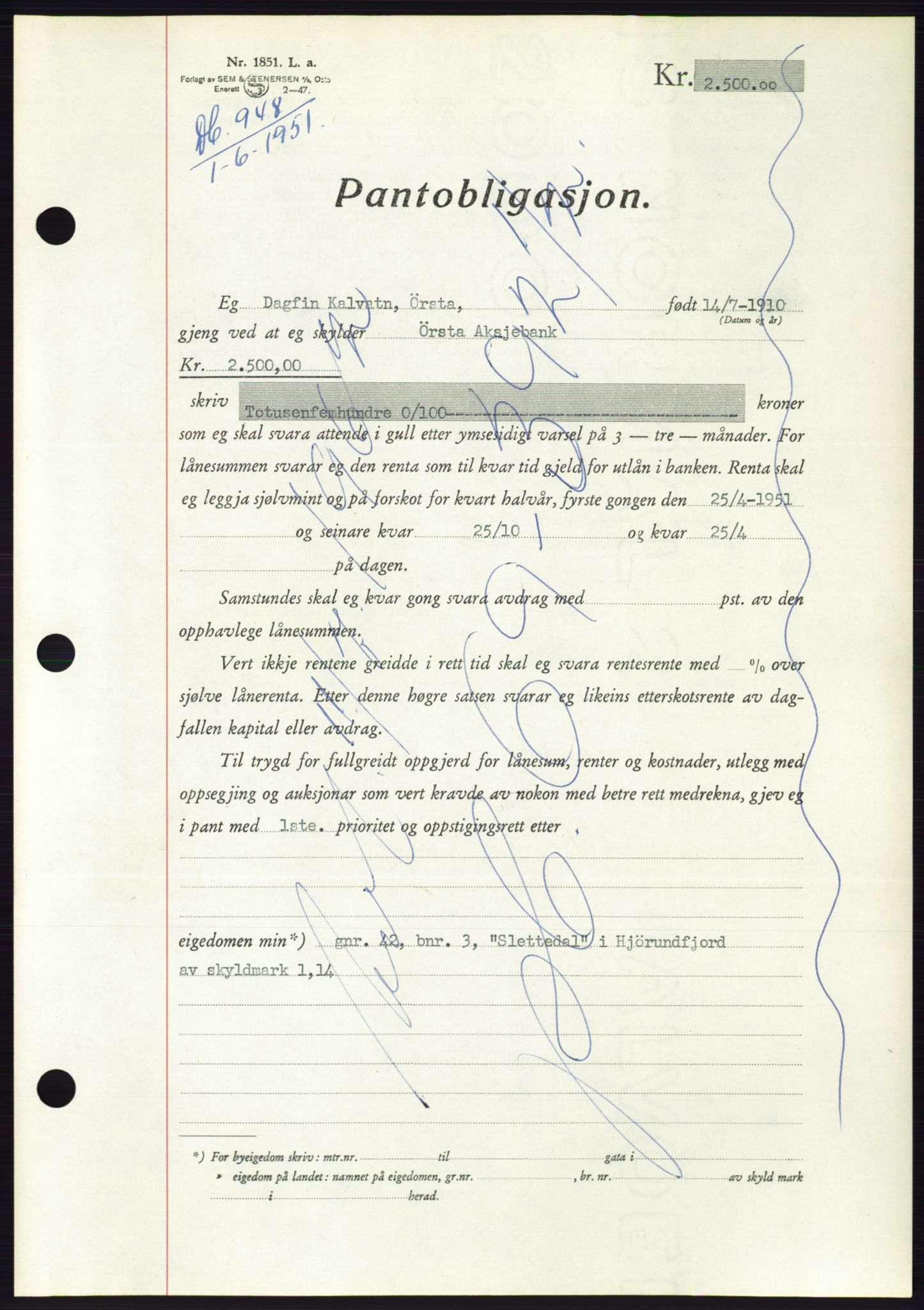 Søre Sunnmøre sorenskriveri, AV/SAT-A-4122/1/2/2C/L0120: Mortgage book no. 8B, 1951-1951, Diary no: : 948/1951