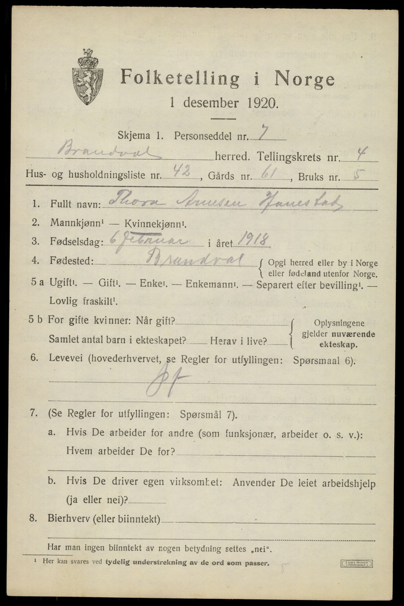 SAH, 1920 census for Brandval, 1920, p. 4254