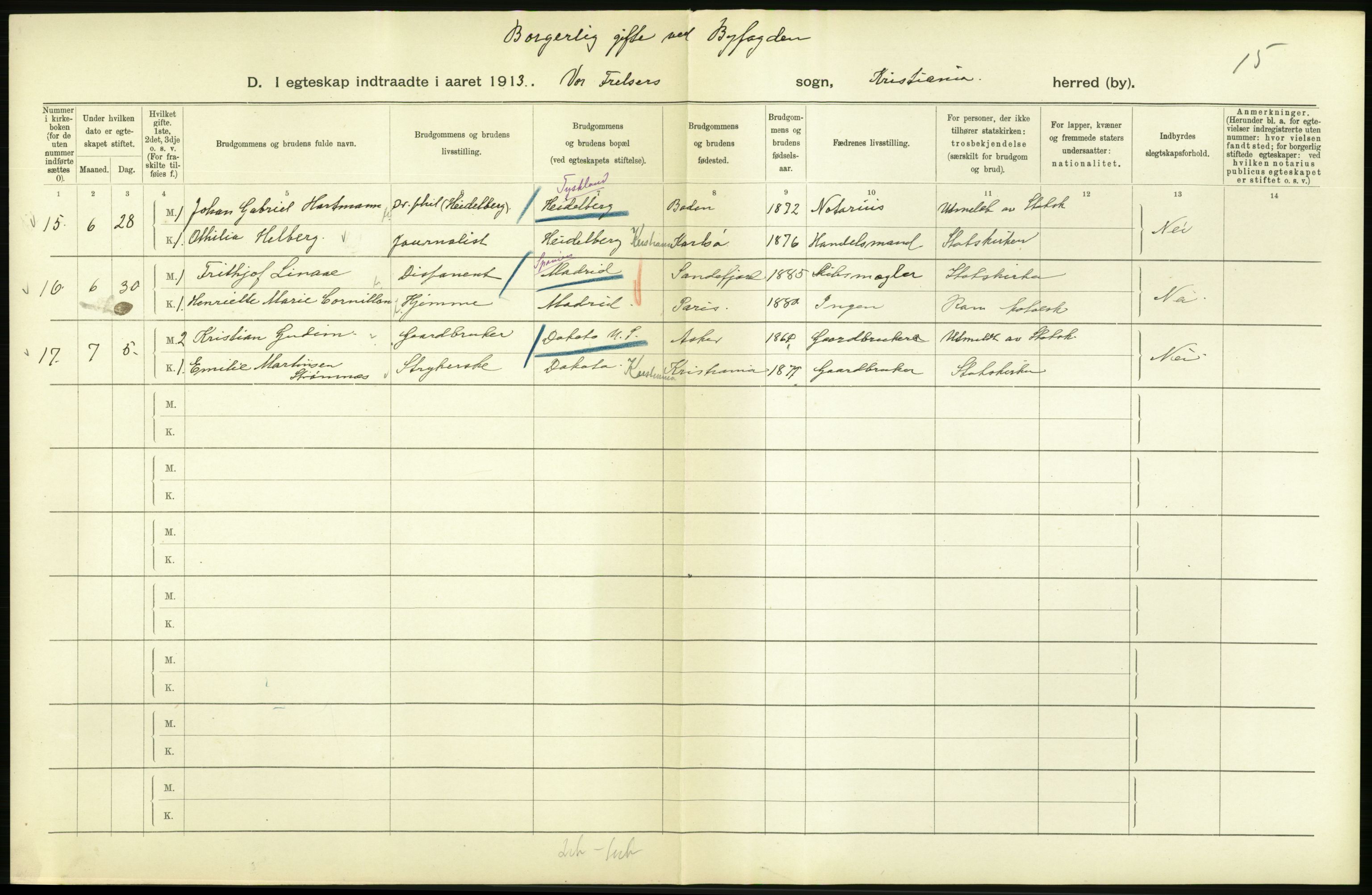 Statistisk sentralbyrå, Sosiodemografiske emner, Befolkning, AV/RA-S-2228/D/Df/Dfb/Dfbc/L0008: Kristiania: Gifte., 1913, p. 764