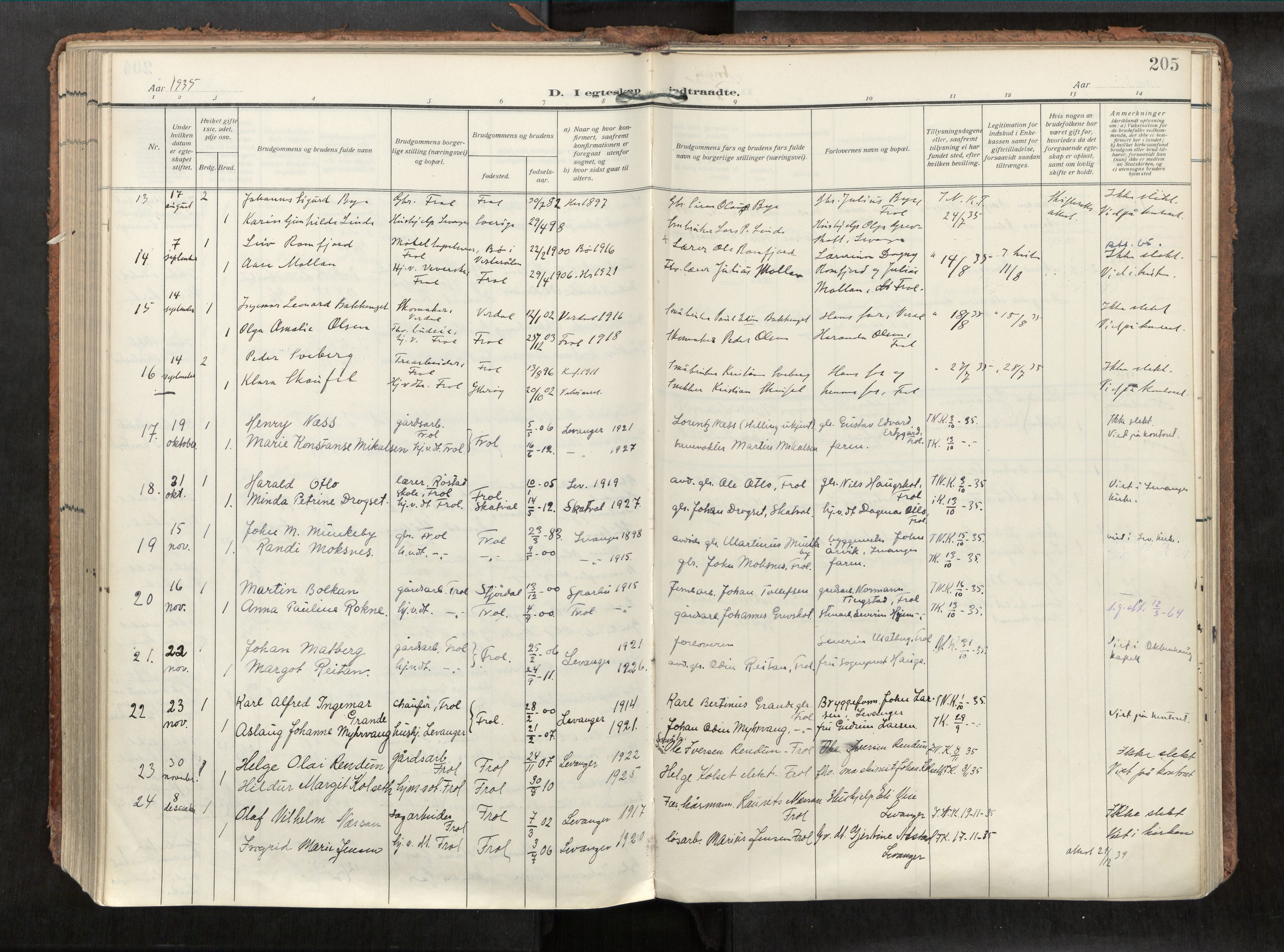Levanger sokneprestkontor, SAT/A-1301/2/H/Haa/L0002: Parish register (official) no. 2, 1912-1935, p. 205