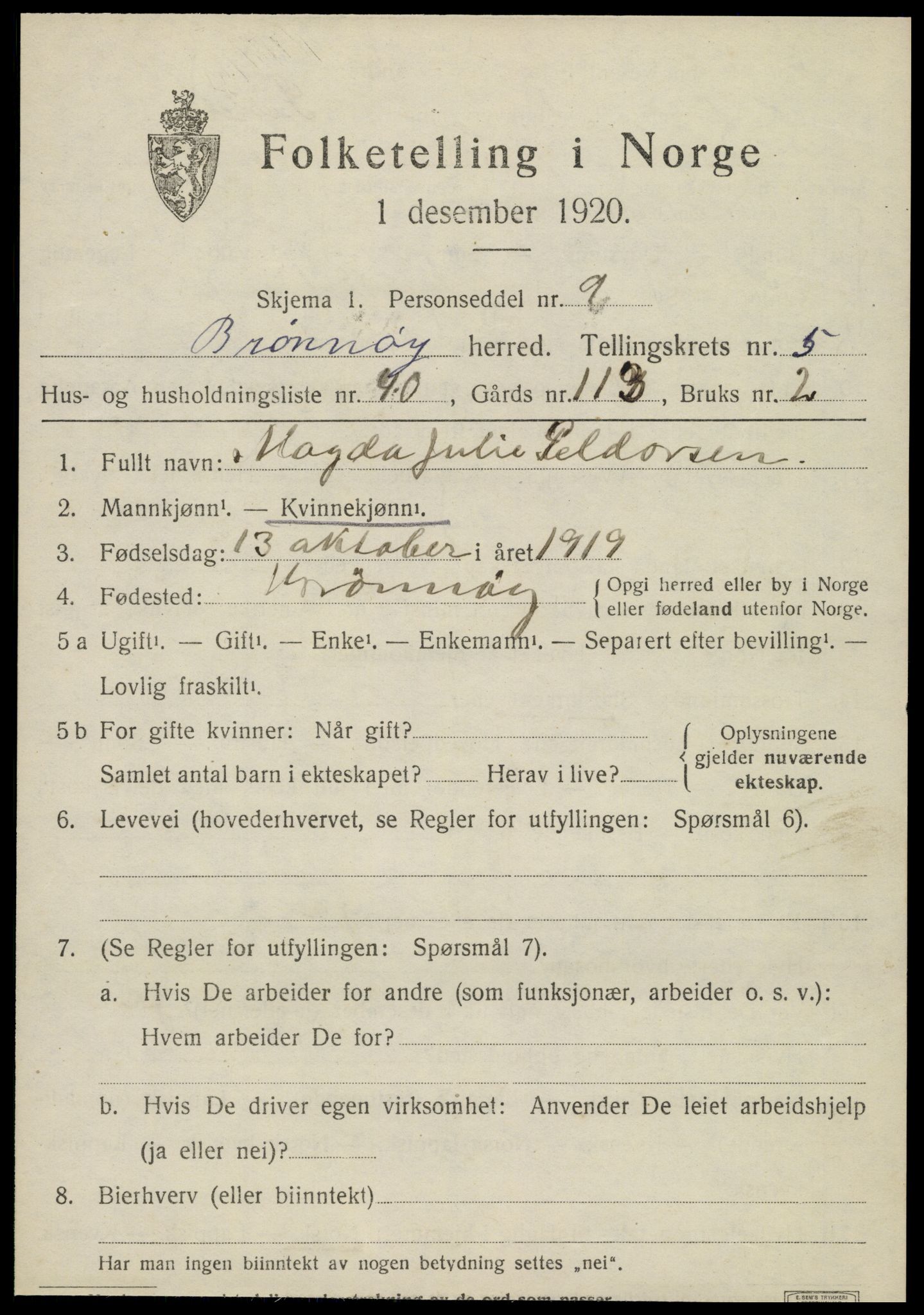 SAT, 1920 census for Brønnøy, 1920, p. 4320
