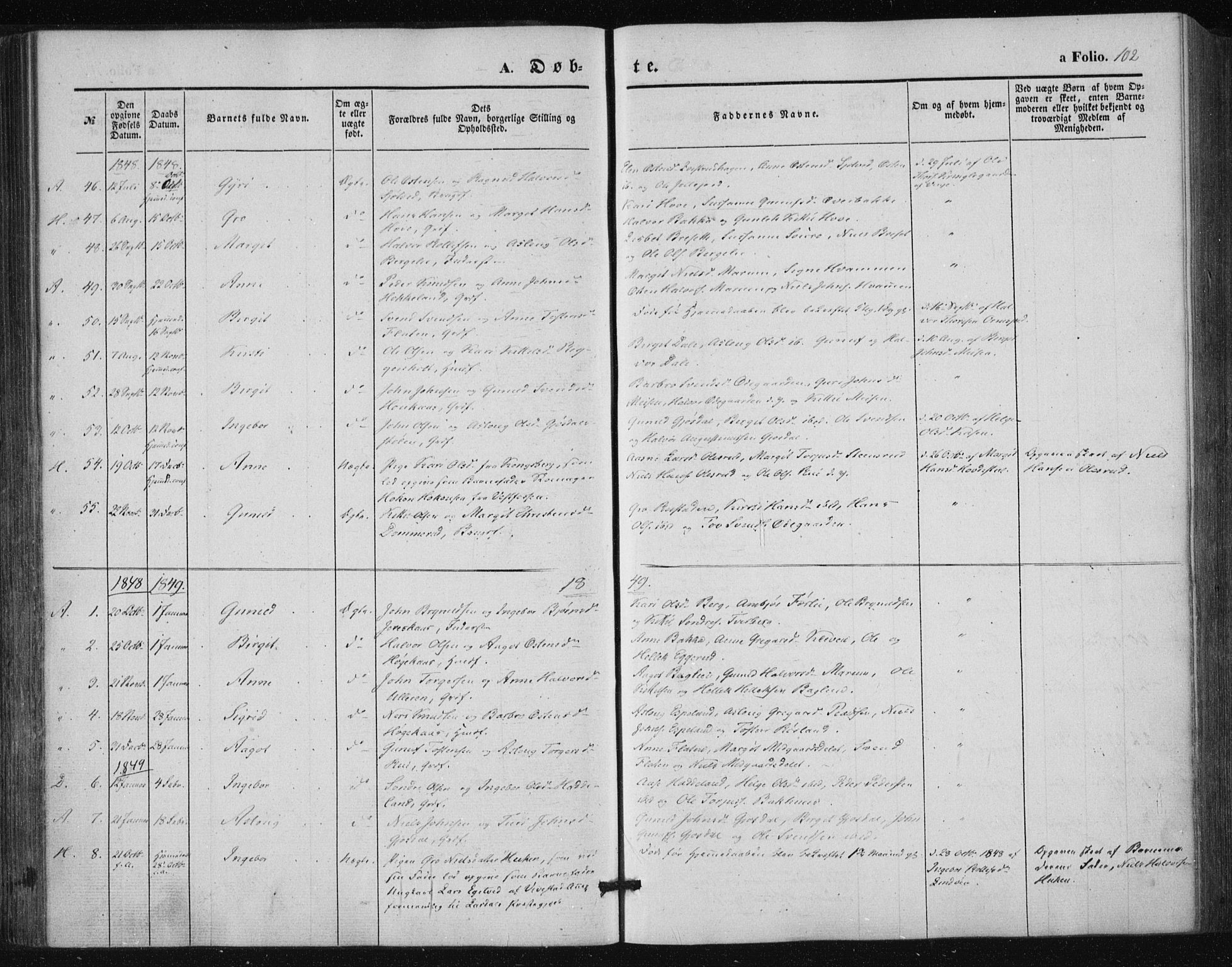 Tinn kirkebøker, AV/SAKO-A-308/F/Fa/L0005: Parish register (official) no. I 5, 1844-1856, p. 102