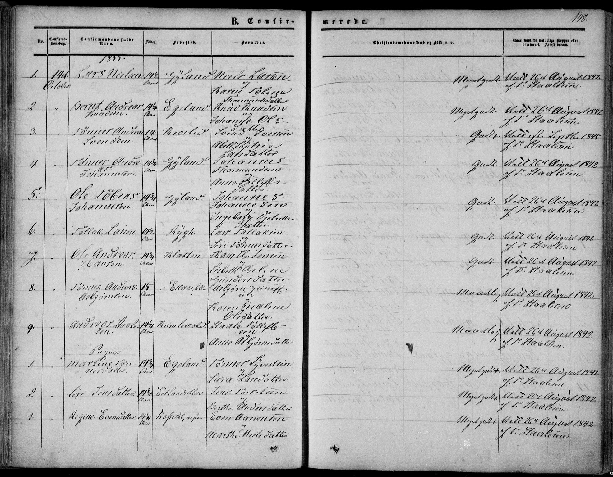 Bakke sokneprestkontor, SAK/1111-0002/F/Fa/Fab/L0002: Parish register (official) no. A 2, 1855-1884, p. 148