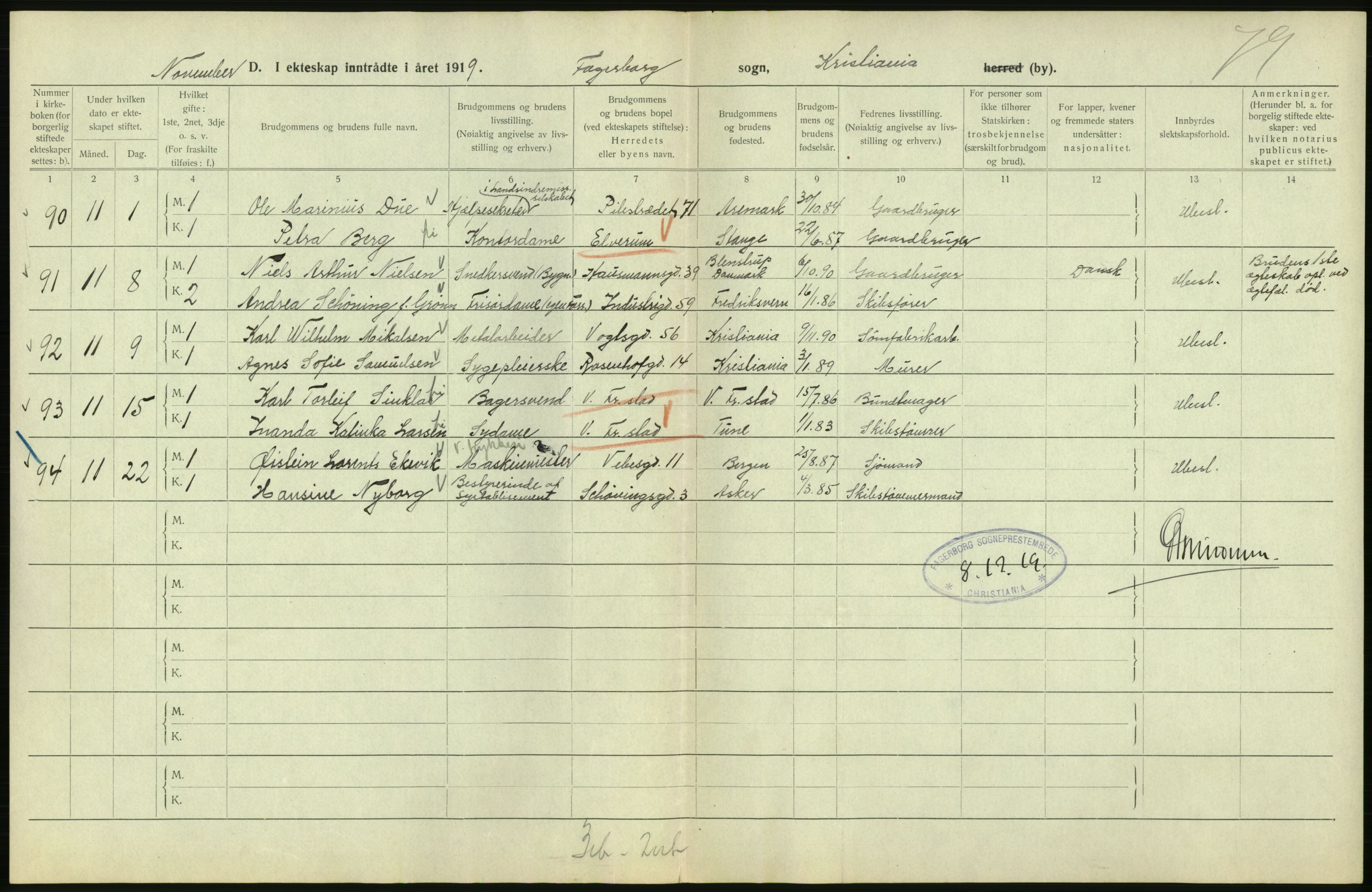 Statistisk sentralbyrå, Sosiodemografiske emner, Befolkning, AV/RA-S-2228/D/Df/Dfb/Dfbi/L0009: Kristiania: Gifte, 1919, p. 270