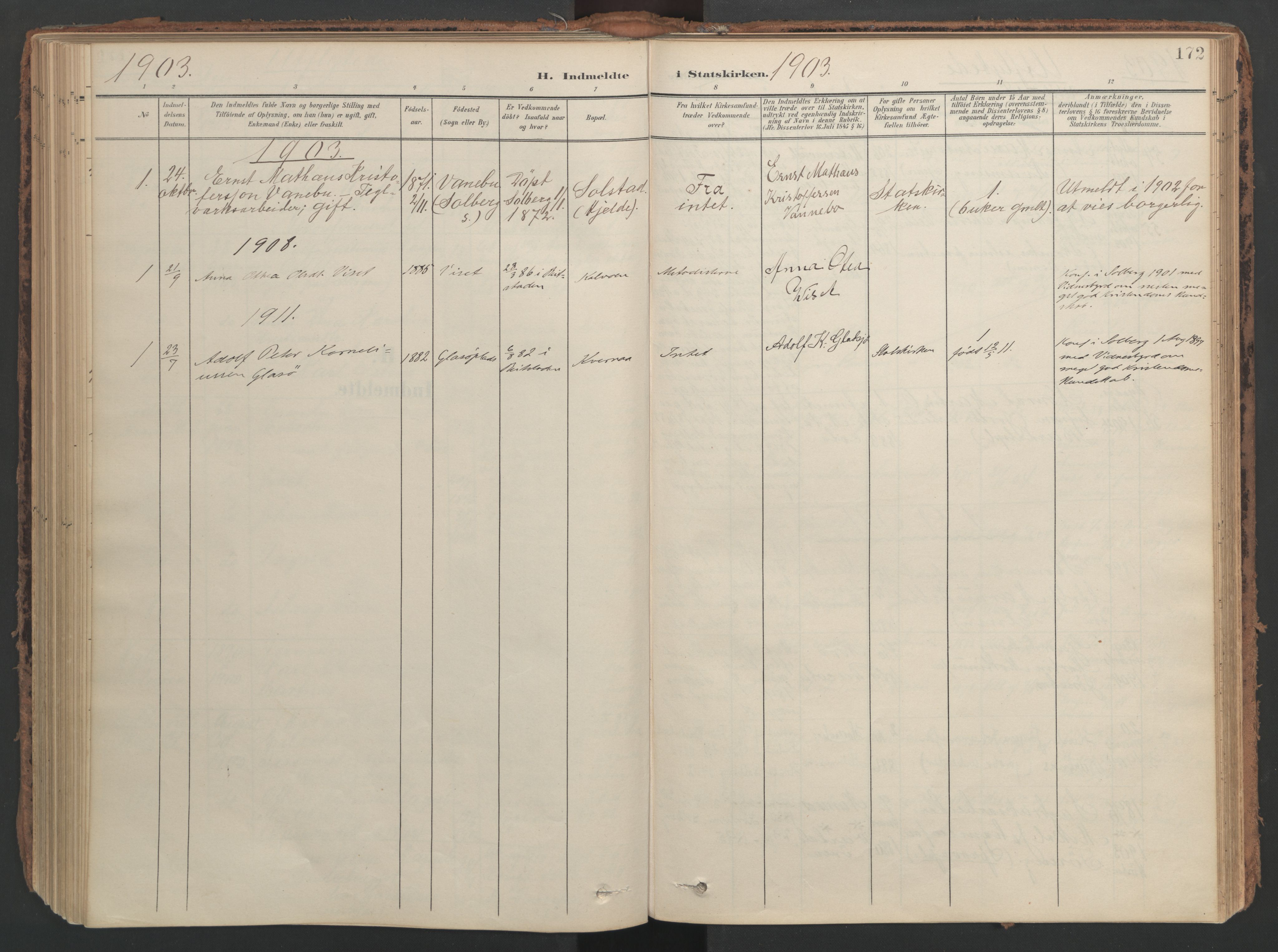 Ministerialprotokoller, klokkerbøker og fødselsregistre - Nord-Trøndelag, SAT/A-1458/741/L0397: Parish register (official) no. 741A11, 1901-1911, p. 172