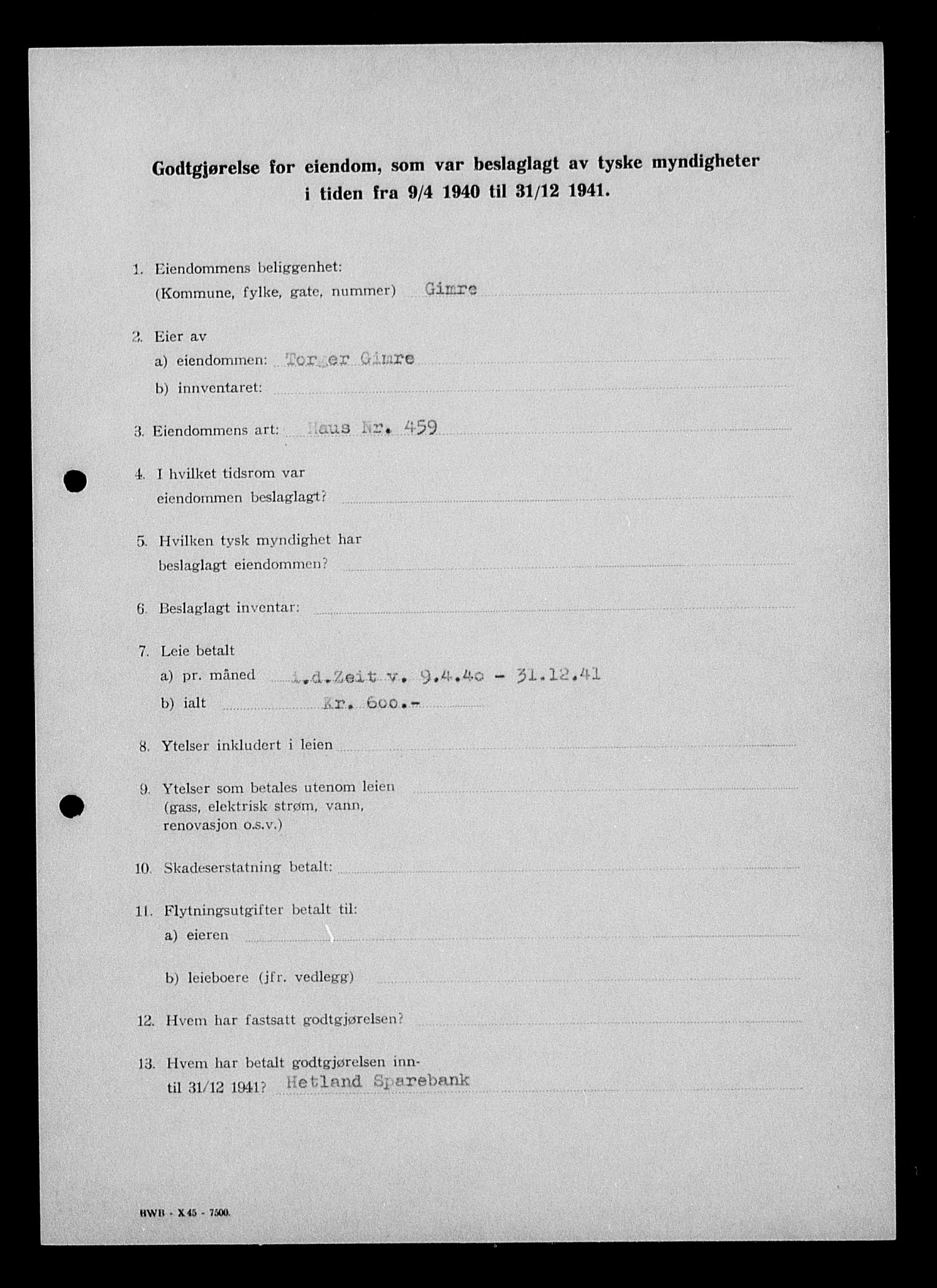 Justisdepartementet, Tilbakeføringskontoret for inndratte formuer, AV/RA-S-1564/I/L1014: Godtgjørelse for beslaglagt eiendom, 1940-1941, p. 281