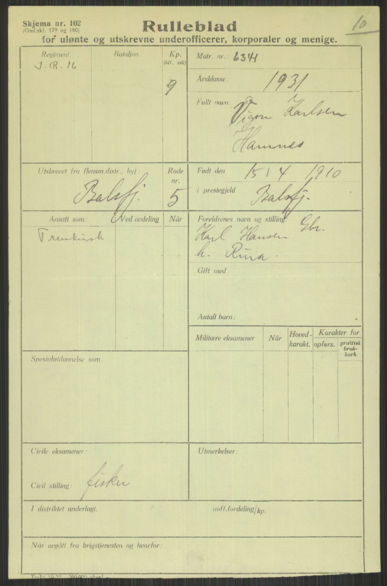 Forsvaret, Troms infanteriregiment nr. 16, AV/RA-RAFA-3146/P/Pa/L0015: Rulleblad for regimentets menige mannskaper, årsklasse 1931, 1931, p. 291