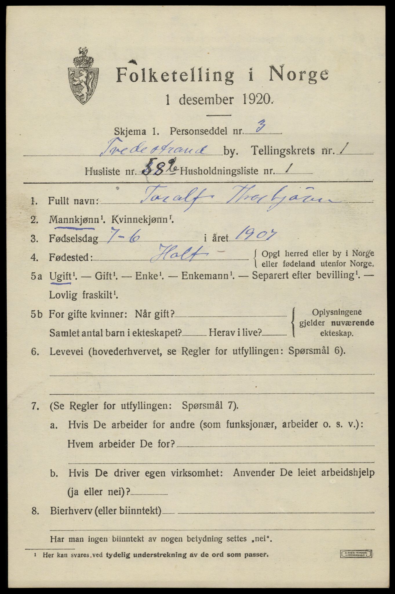 SAK, 1920 census for Tvedestrand, 1920, p. 1973