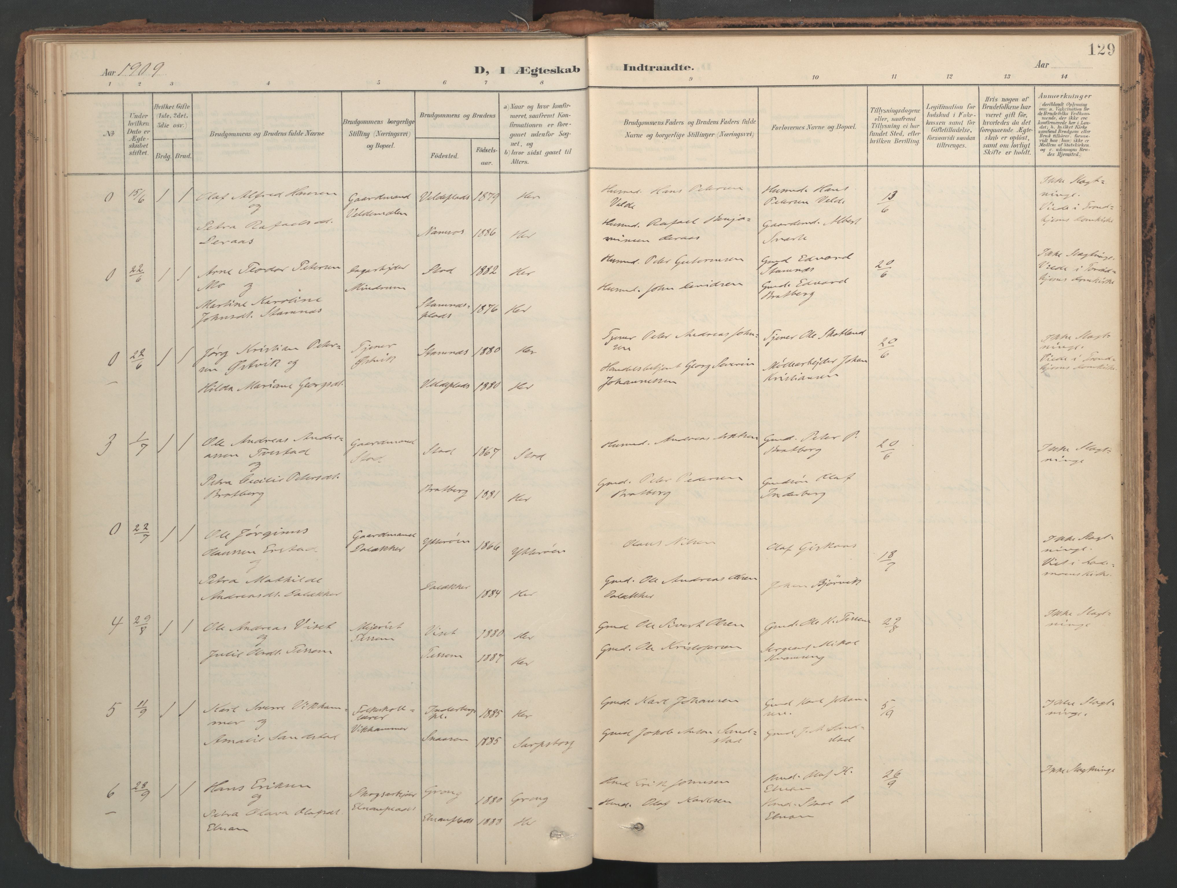 Ministerialprotokoller, klokkerbøker og fødselsregistre - Nord-Trøndelag, AV/SAT-A-1458/741/L0397: Parish register (official) no. 741A11, 1901-1911, p. 129