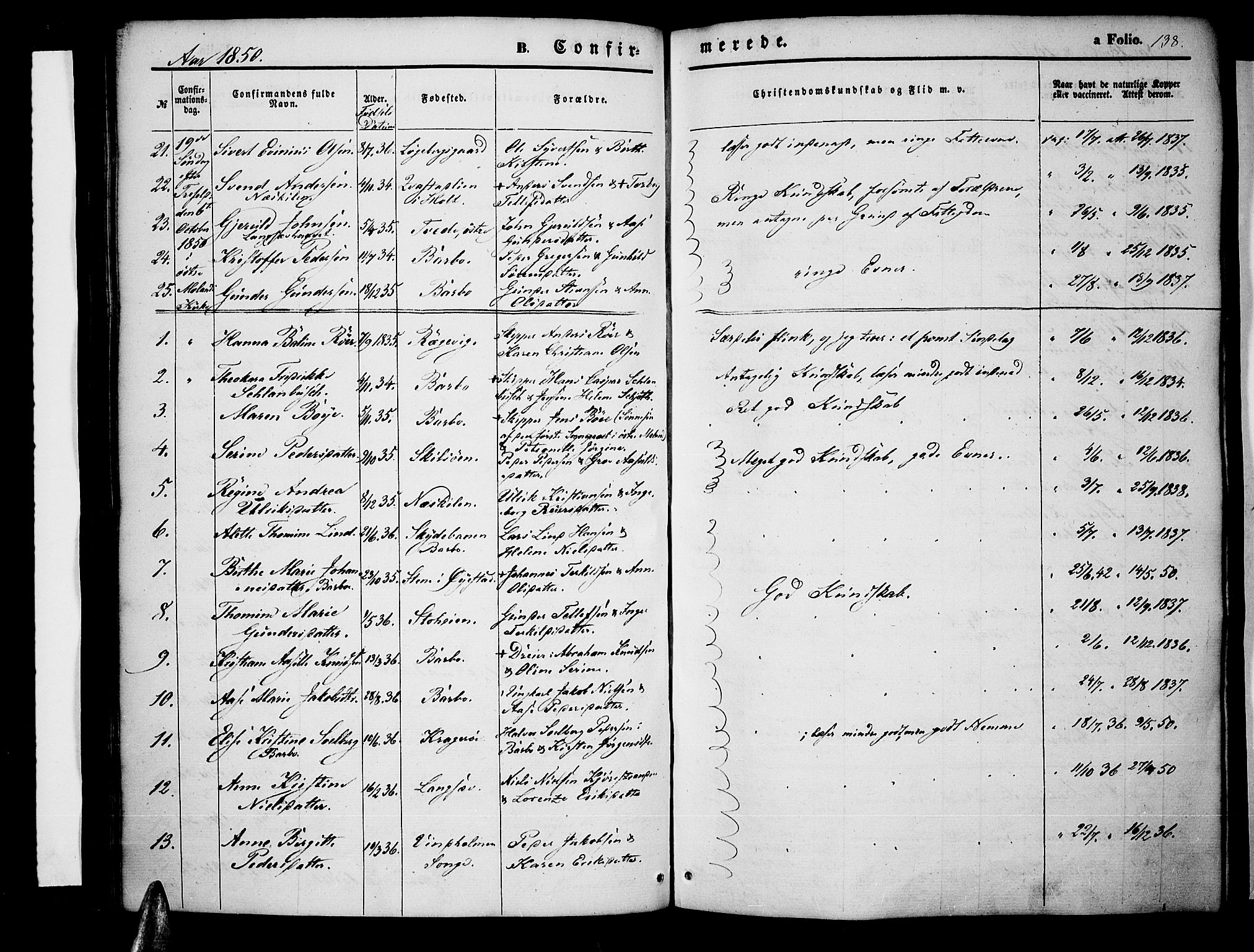 Tromøy sokneprestkontor, SAK/1111-0041/F/Fa/L0005: Parish register (official) no. A 5, 1847-1856, p. 138