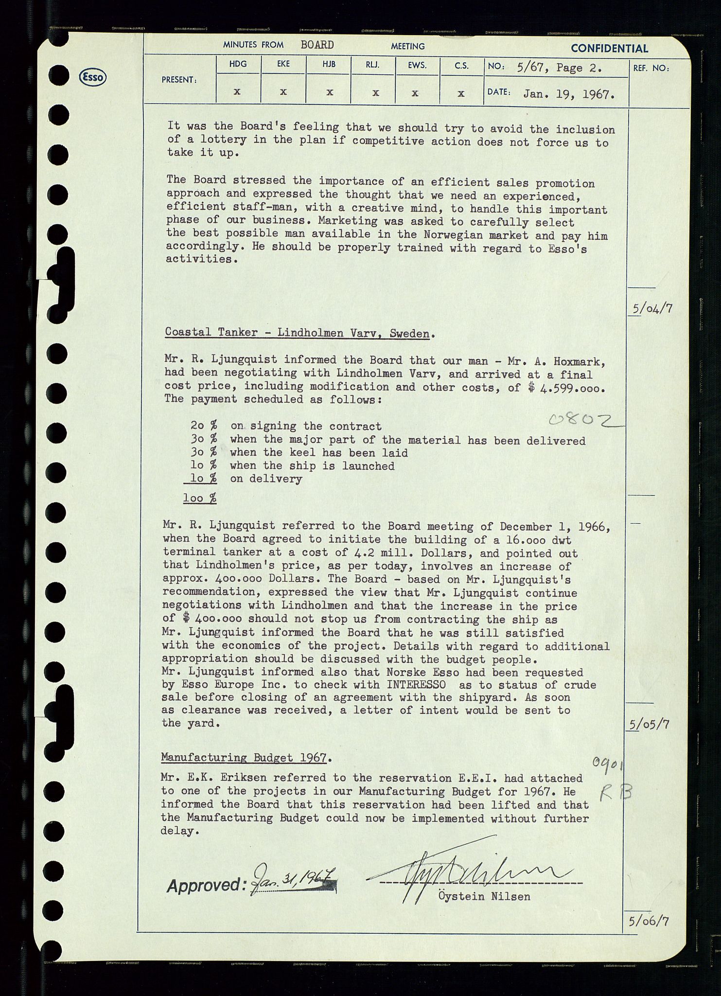 Pa 0982 - Esso Norge A/S, AV/SAST-A-100448/A/Aa/L0002/0003: Den administrerende direksjon Board minutes (styrereferater) / Den administrerende direksjon Board minutes (styrereferater), 1967, p. 11