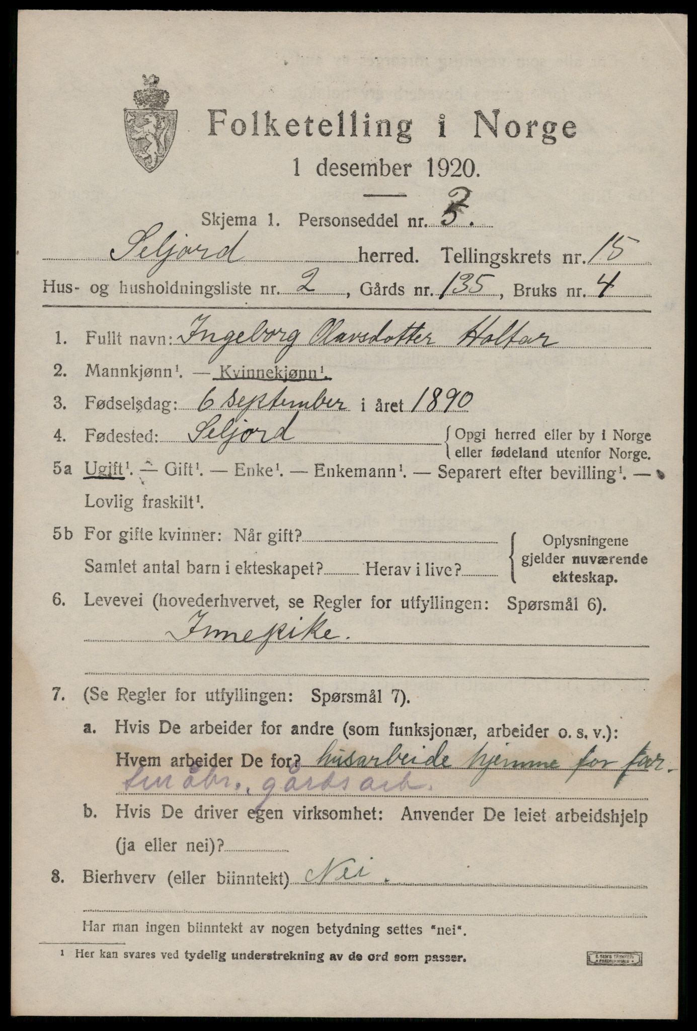 SAKO, 1920 census for Seljord, 1920, p. 6438