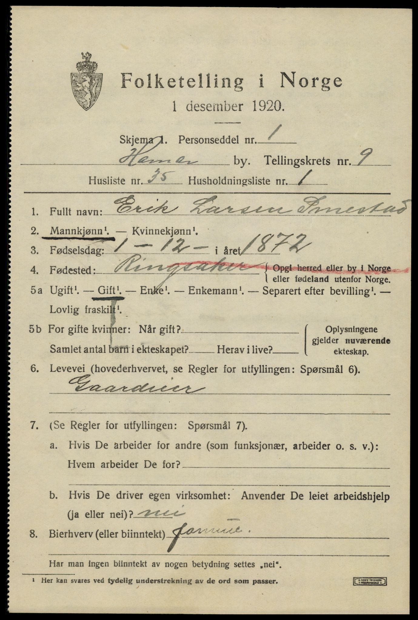 SAH, 1920 census for Hamar, 1920, p. 16821