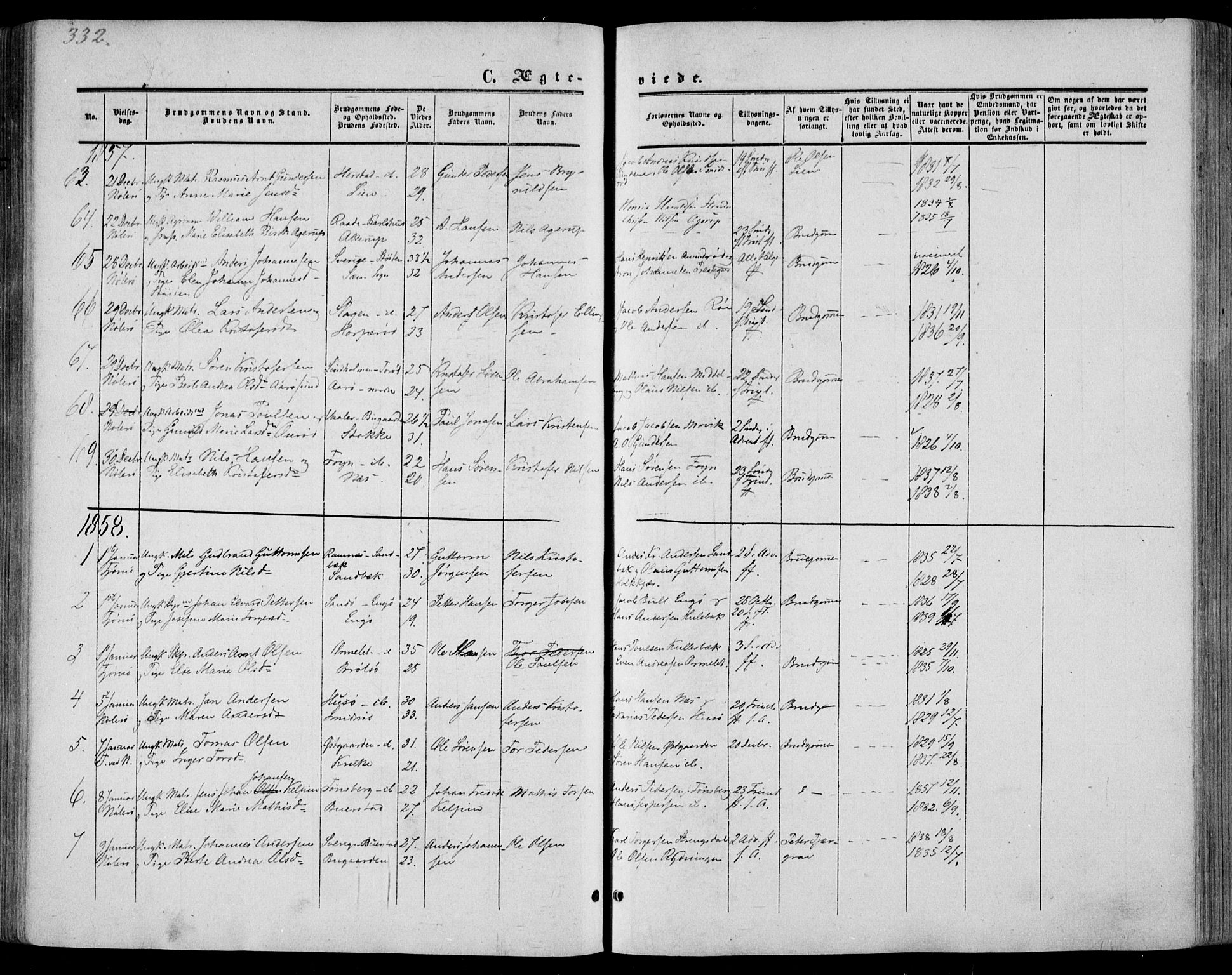 Nøtterøy kirkebøker, AV/SAKO-A-354/F/Fa/L0006: Parish register (official) no. I 6, 1852-1864, p. 332