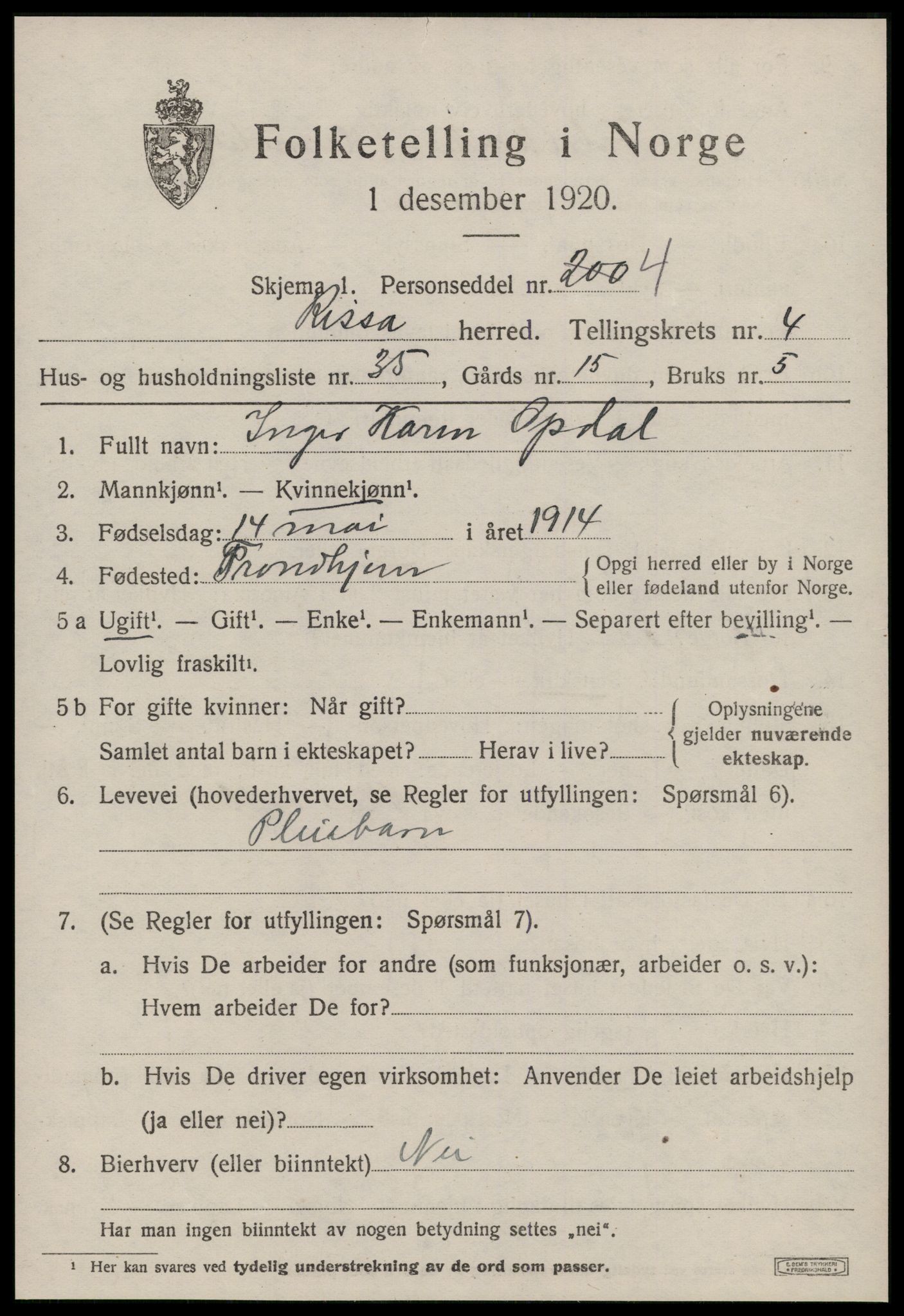 SAT, 1920 census for Rissa, 1920, p. 3345