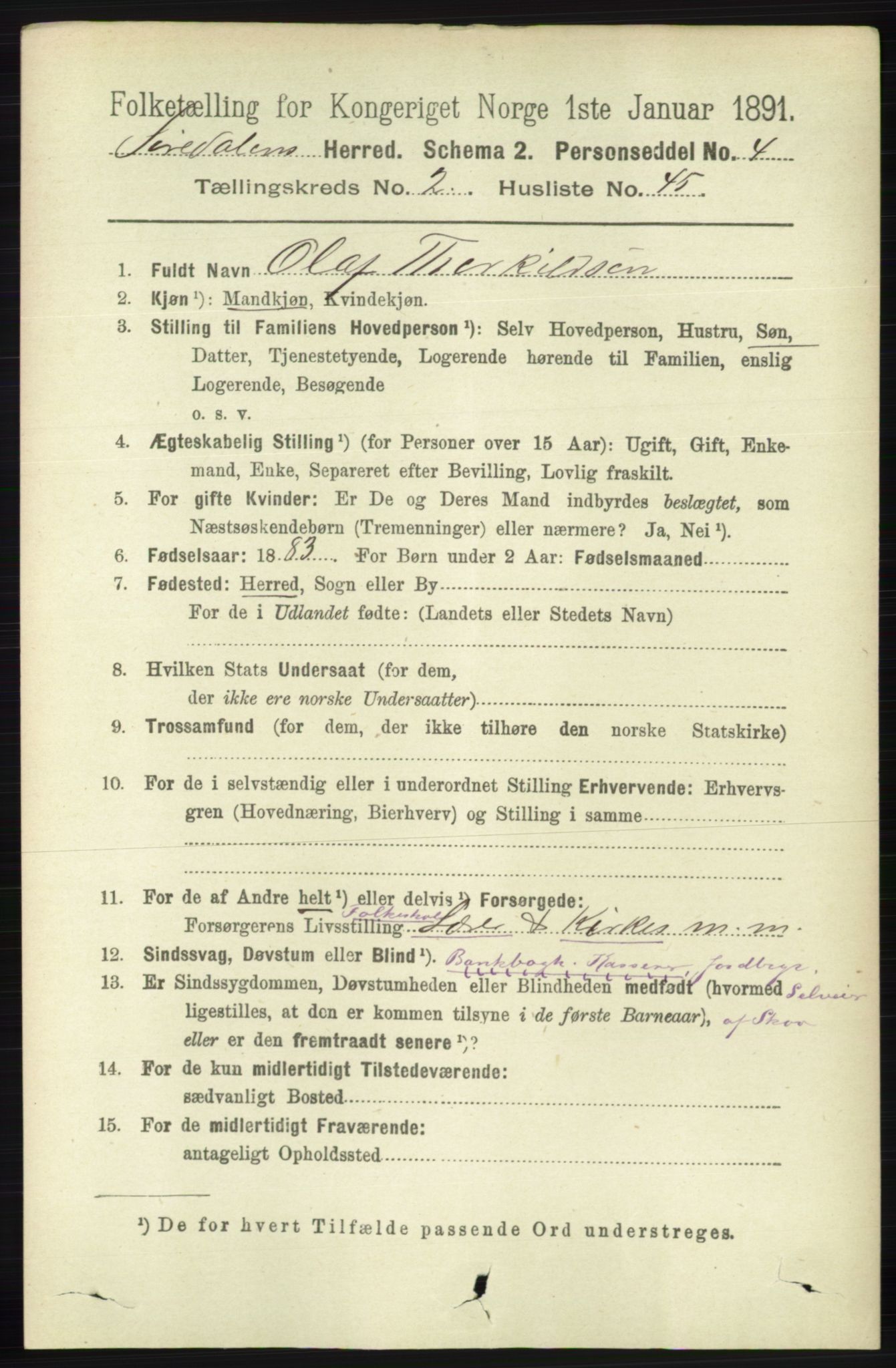 RA, 1891 census for 1046 Sirdal, 1891, p. 615