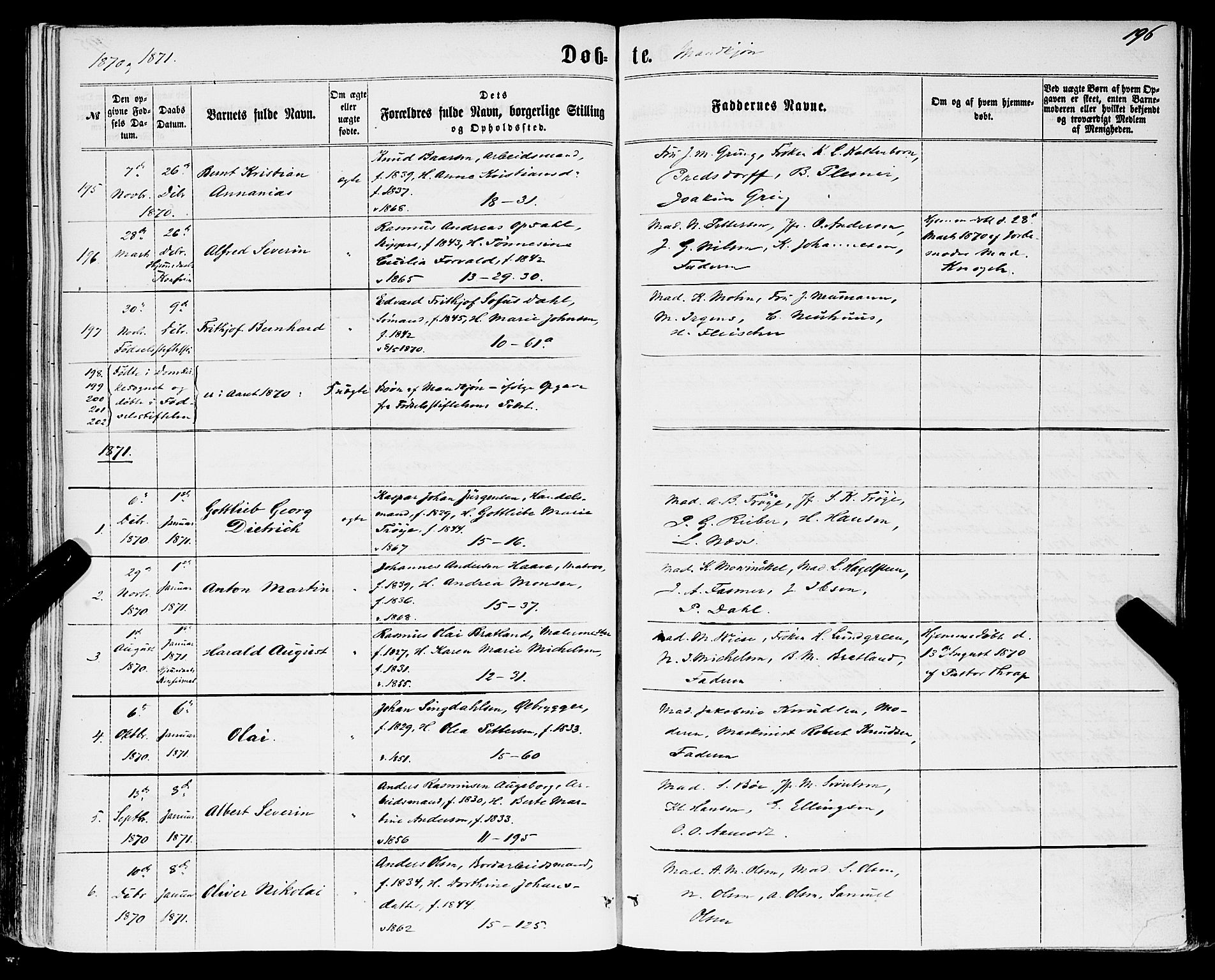 Domkirken sokneprestembete, SAB/A-74801/H/Haa/L0021: Parish register (official) no. B 4, 1859-1871, p. 196