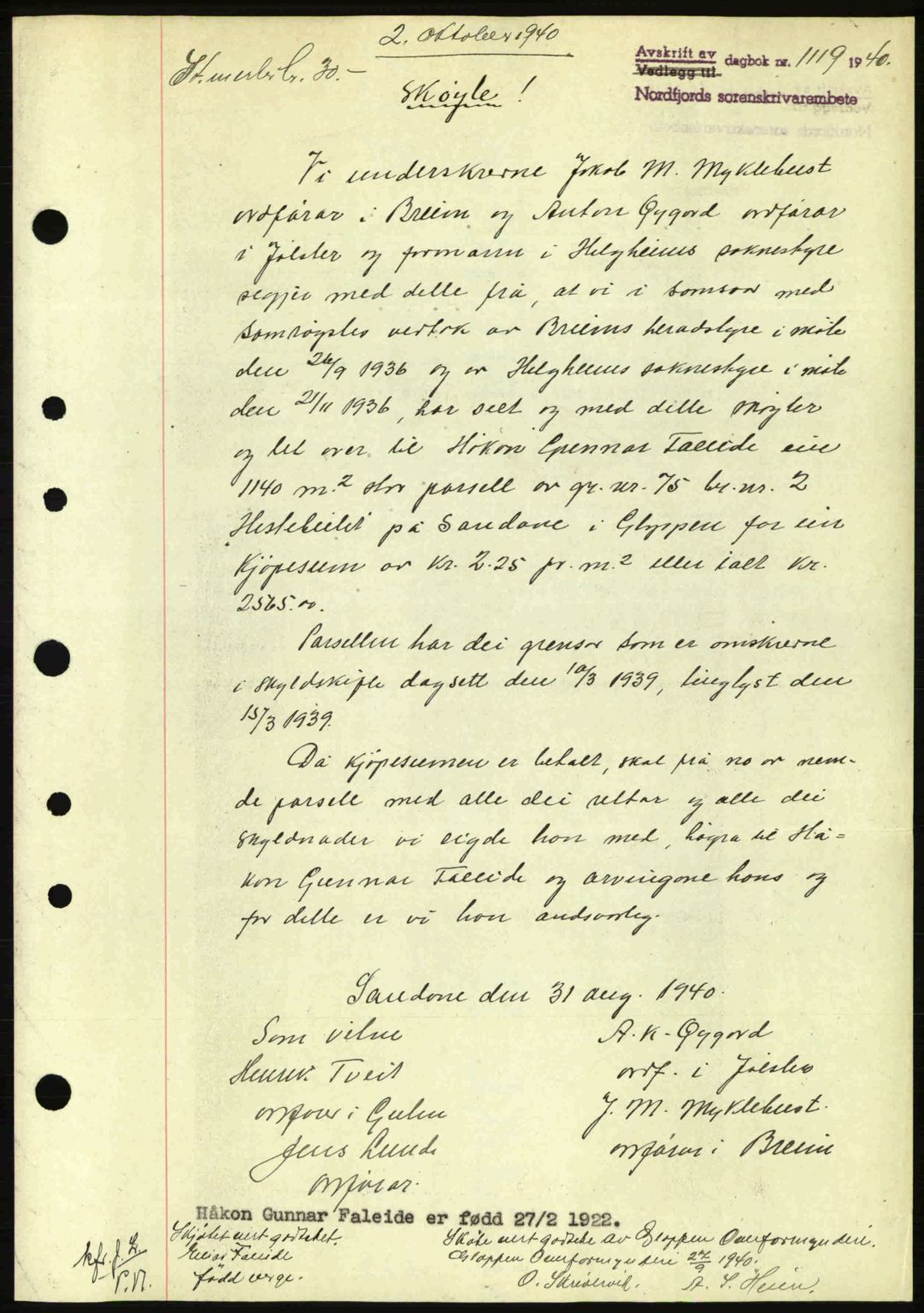 Nordfjord sorenskriveri, AV/SAB-A-2801/02/02b/02bj/L0005: Mortgage book no. A5, 1939-1940, Diary no: : 1119/1940