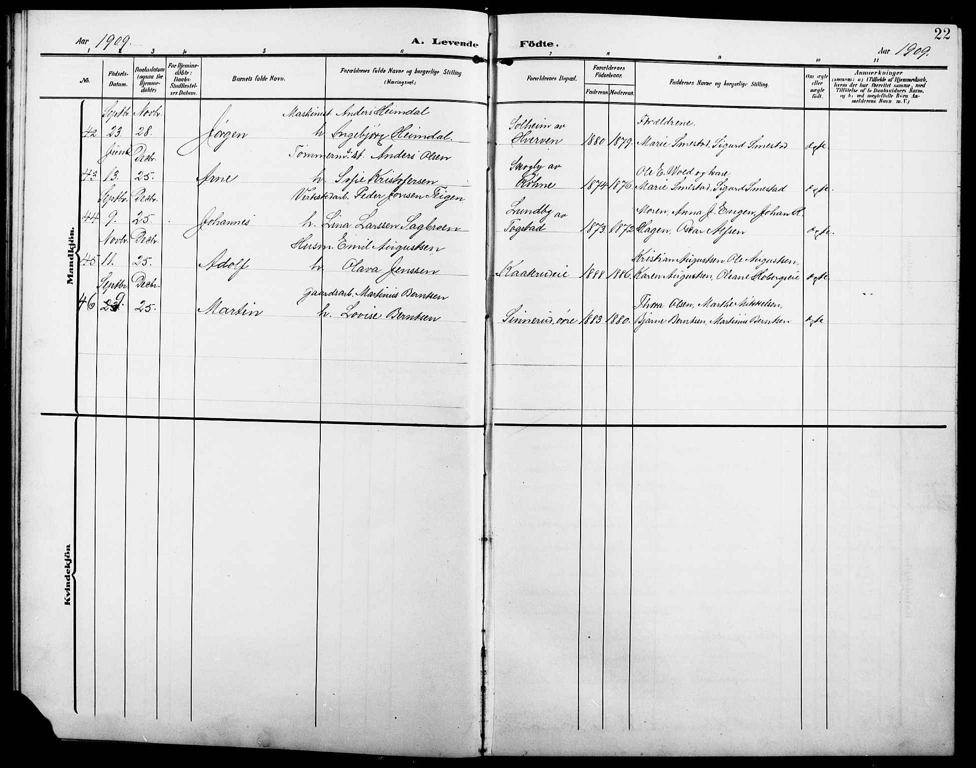 Stange prestekontor, AV/SAH-PREST-002/L/L0013: Parish register (copy) no. 13, 1906-1915, p. 22