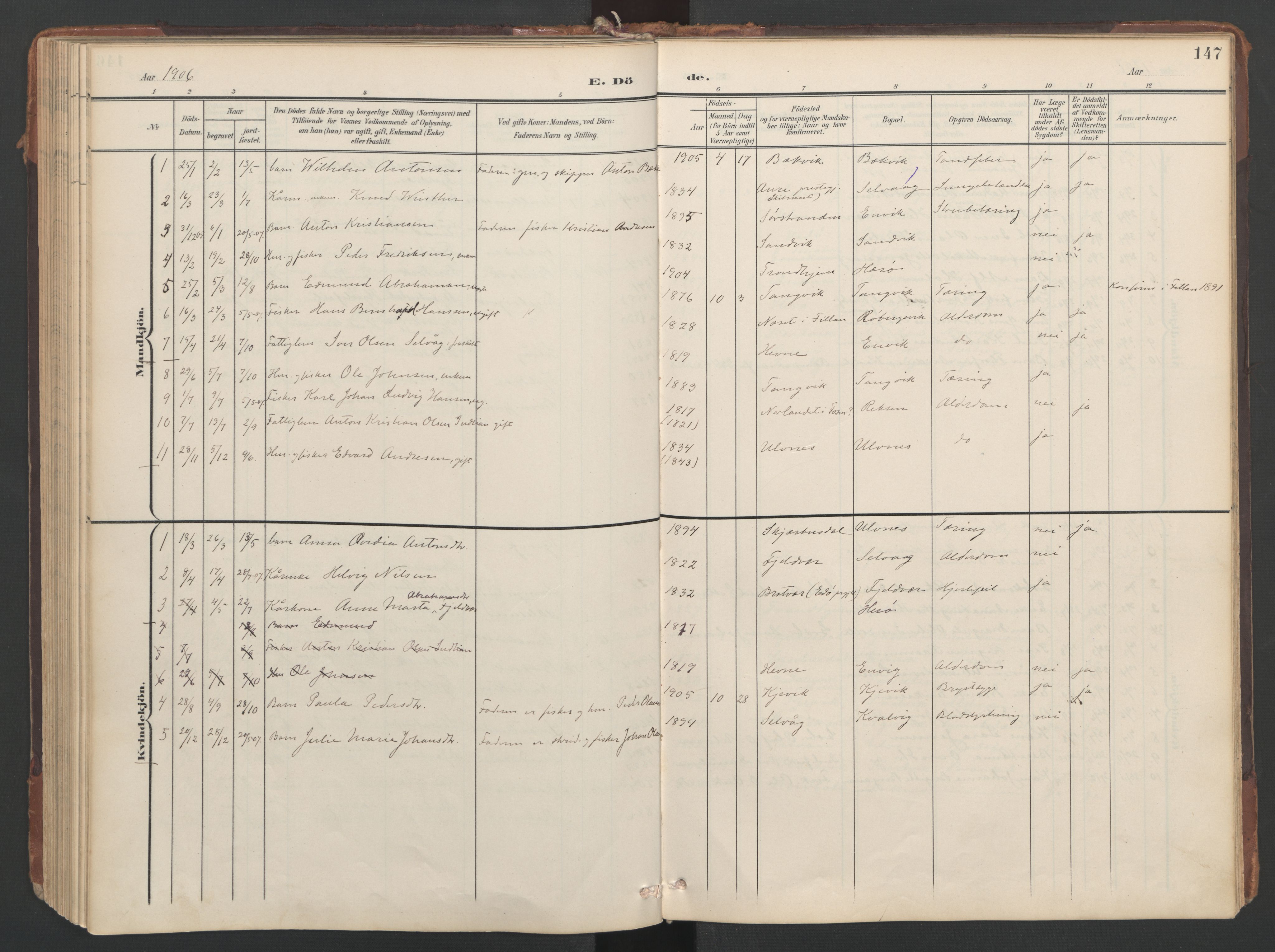 Ministerialprotokoller, klokkerbøker og fødselsregistre - Sør-Trøndelag, SAT/A-1456/638/L0568: Parish register (official) no. 638A01, 1901-1916, p. 147