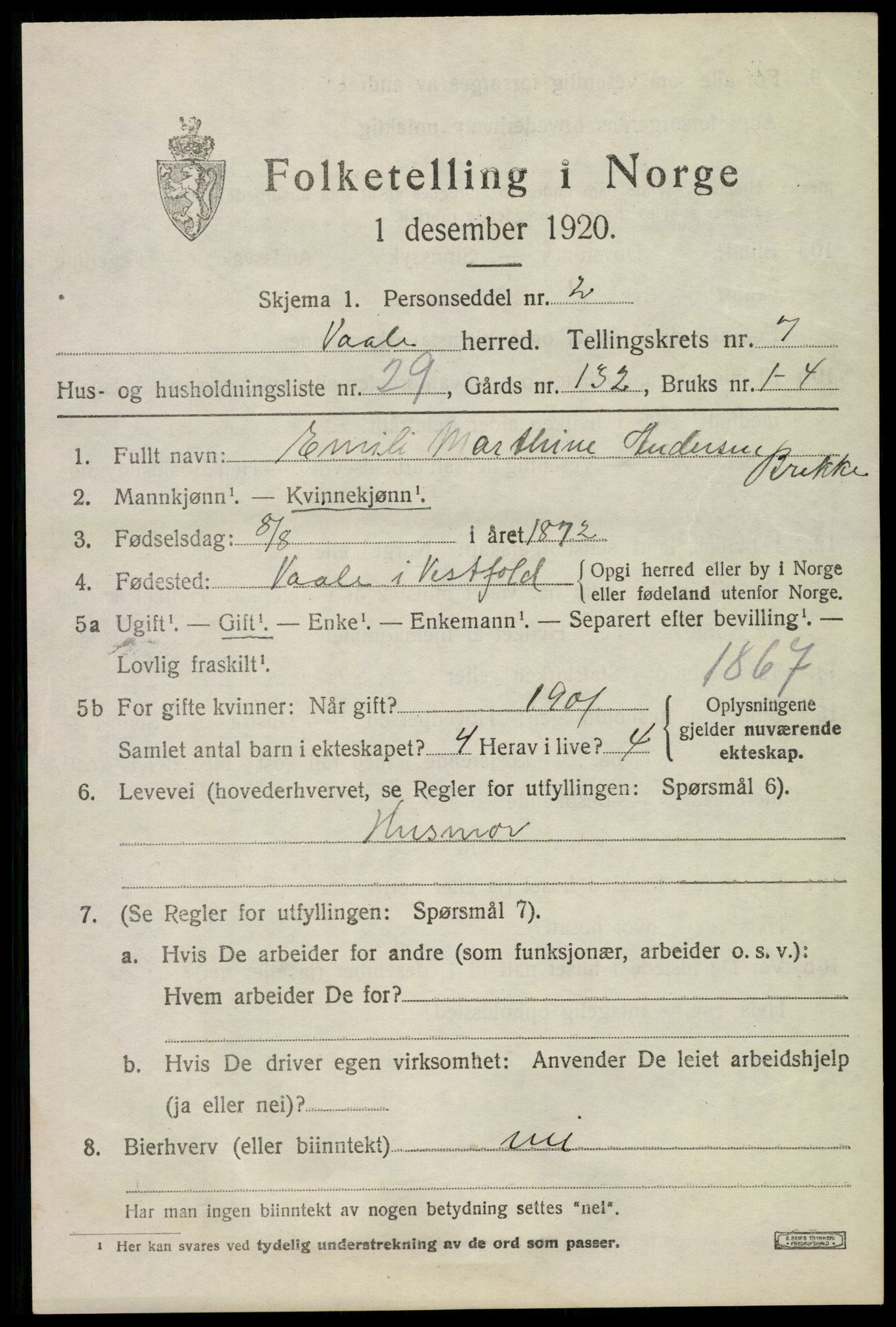 SAKO, 1920 census for Våle, 1920, p. 5830