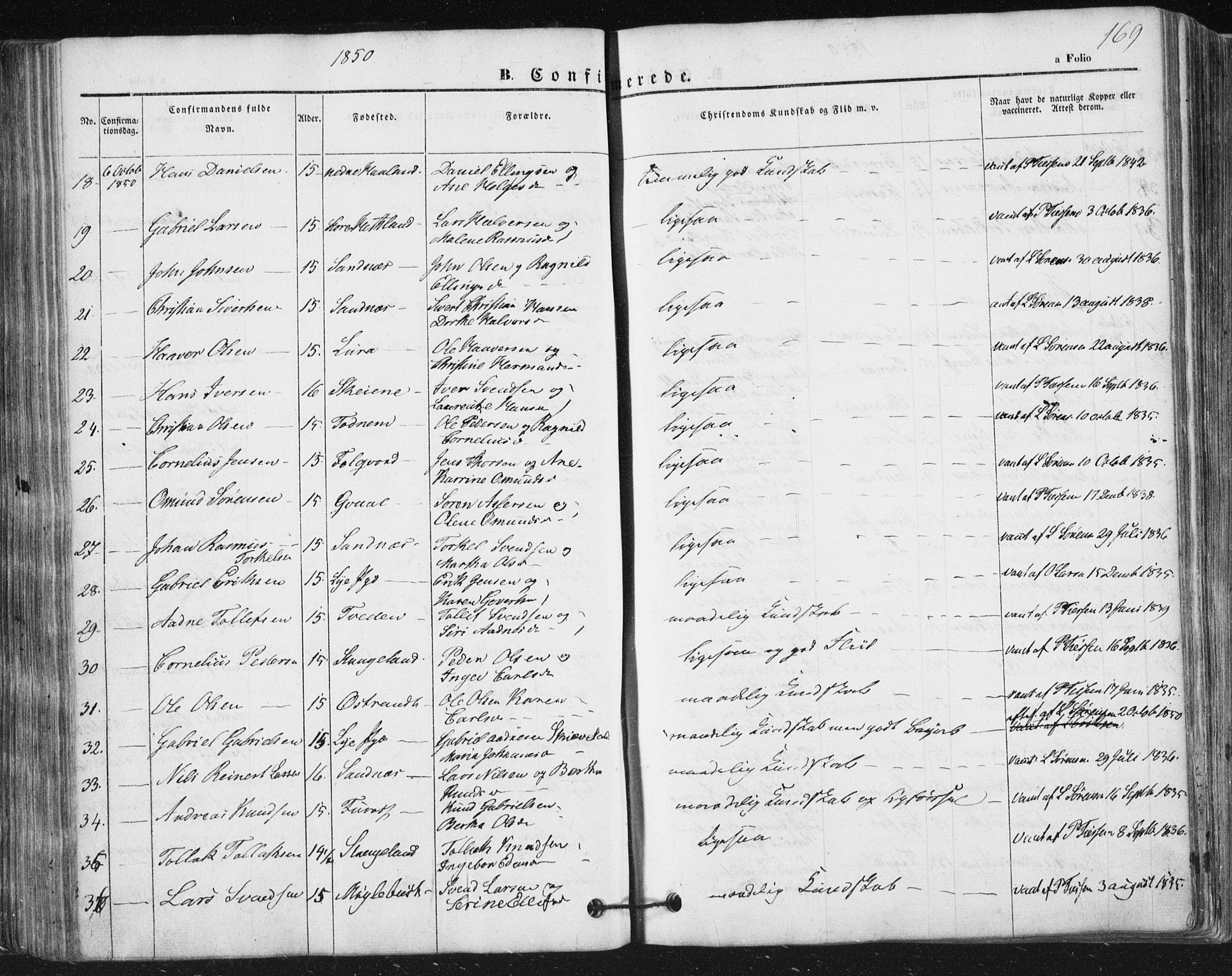 Høyland sokneprestkontor, SAST/A-101799/001/30BA/L0008: Parish register (official) no. A 8, 1841-1856, p. 169