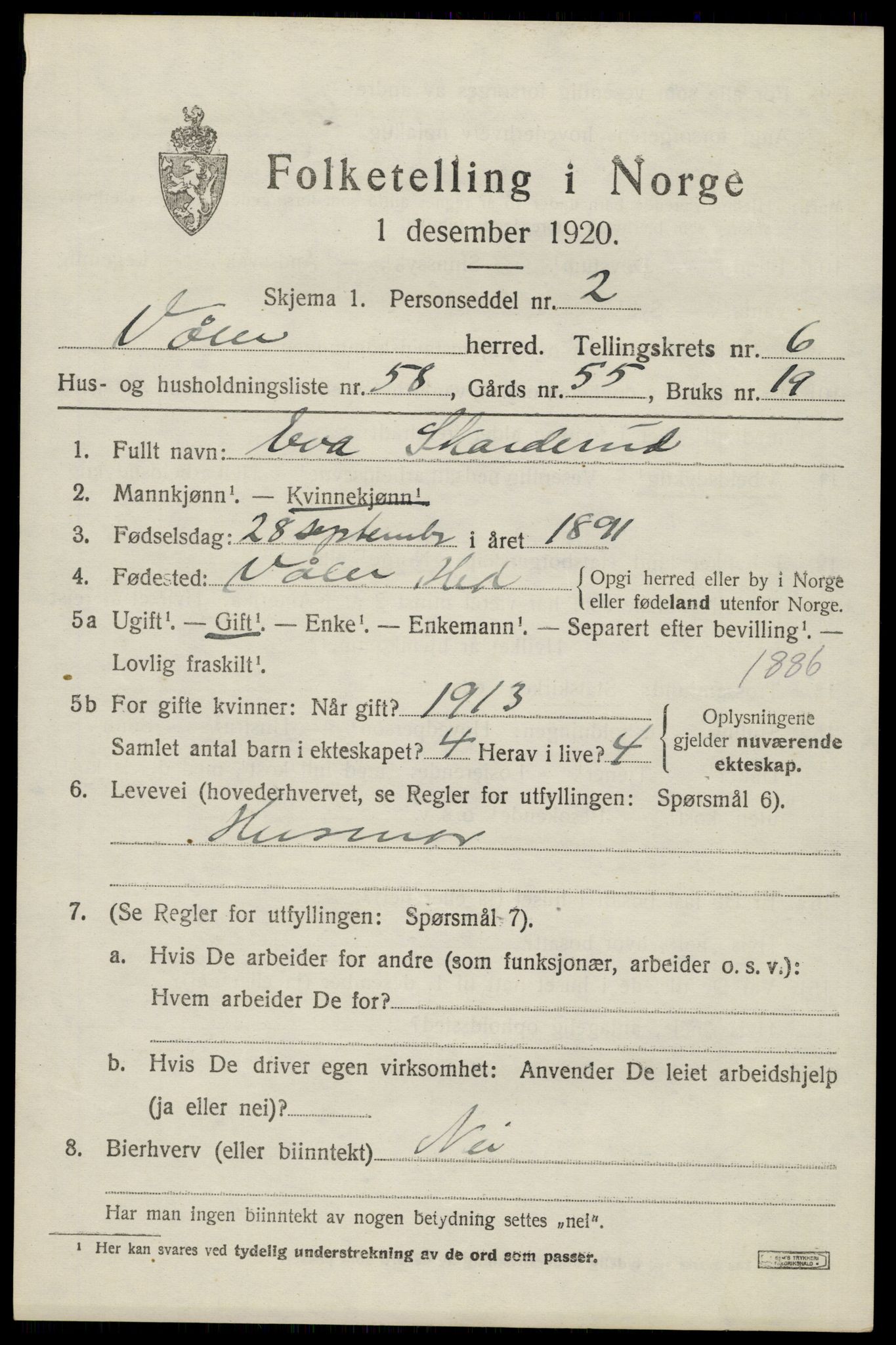 SAH, 1920 census for Våler (Hedmark), 1920, p. 7411