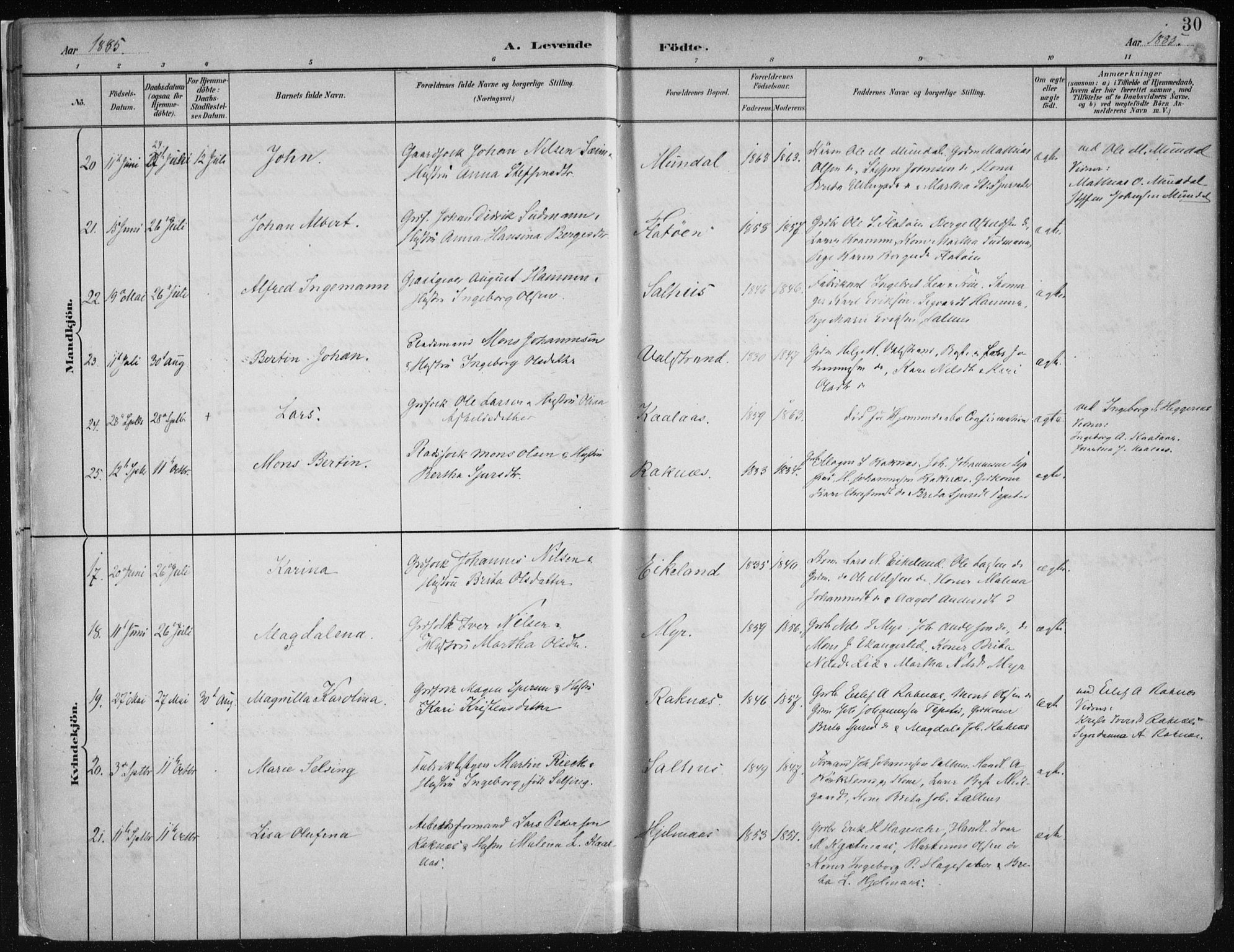 Hamre sokneprestembete, AV/SAB-A-75501/H/Ha/Haa/Haab/L0001: Parish register (official) no. B  1, 1882-1905, p. 30