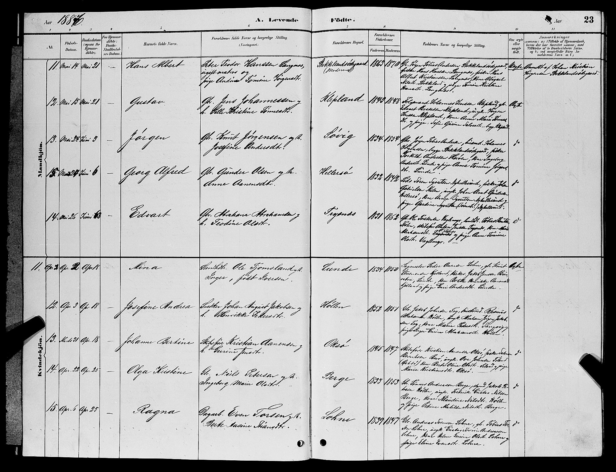 Søgne sokneprestkontor, AV/SAK-1111-0037/F/Fb/Fbb/L0005: Parish register (copy) no. B 5, 1884-1891, p. 23