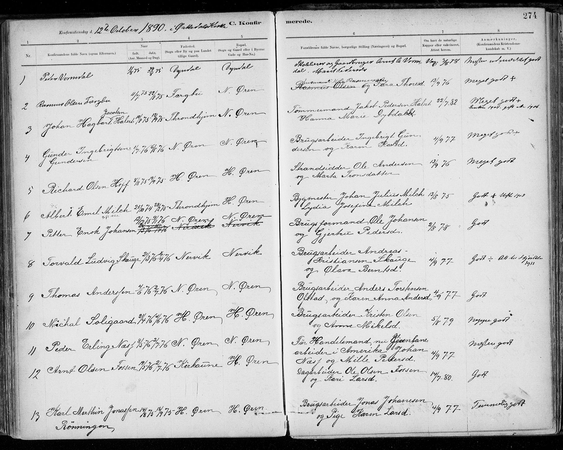 Ministerialprotokoller, klokkerbøker og fødselsregistre - Sør-Trøndelag, SAT/A-1456/668/L0809: Parish register (official) no. 668A09, 1881-1895, p. 274