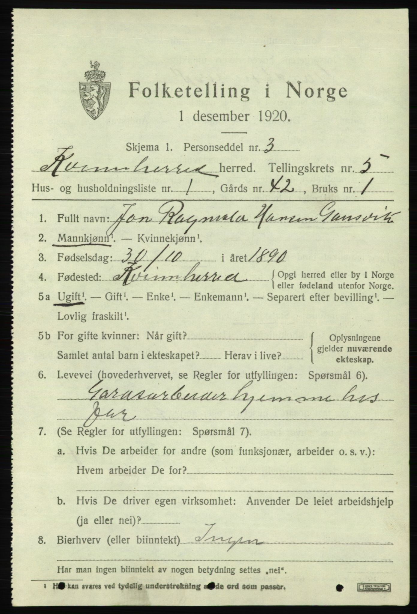 SAB, 1920 census for Kvinnherad, 1920, p. 5982