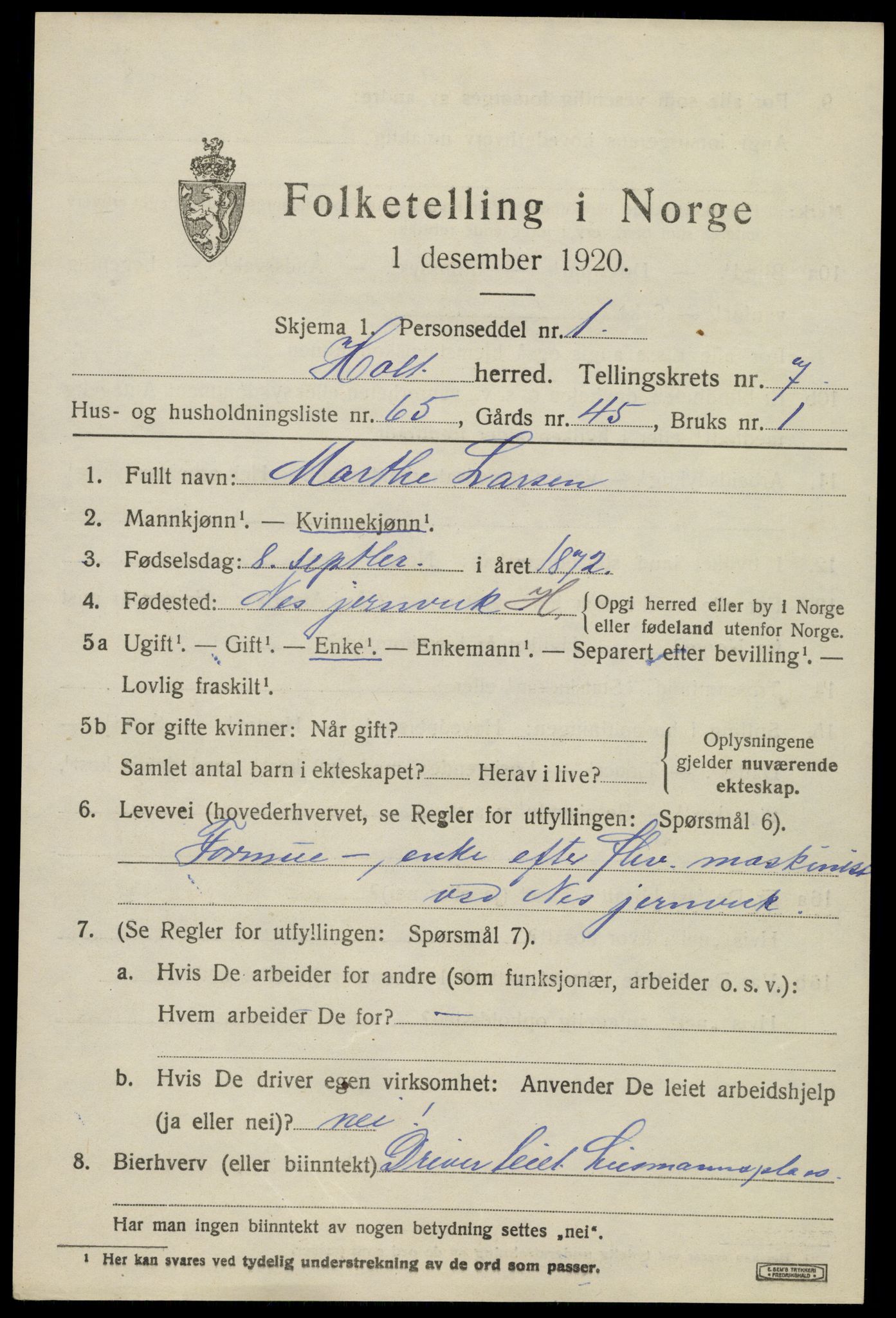 SAK, 1920 census for Holt, 1920, p. 4910