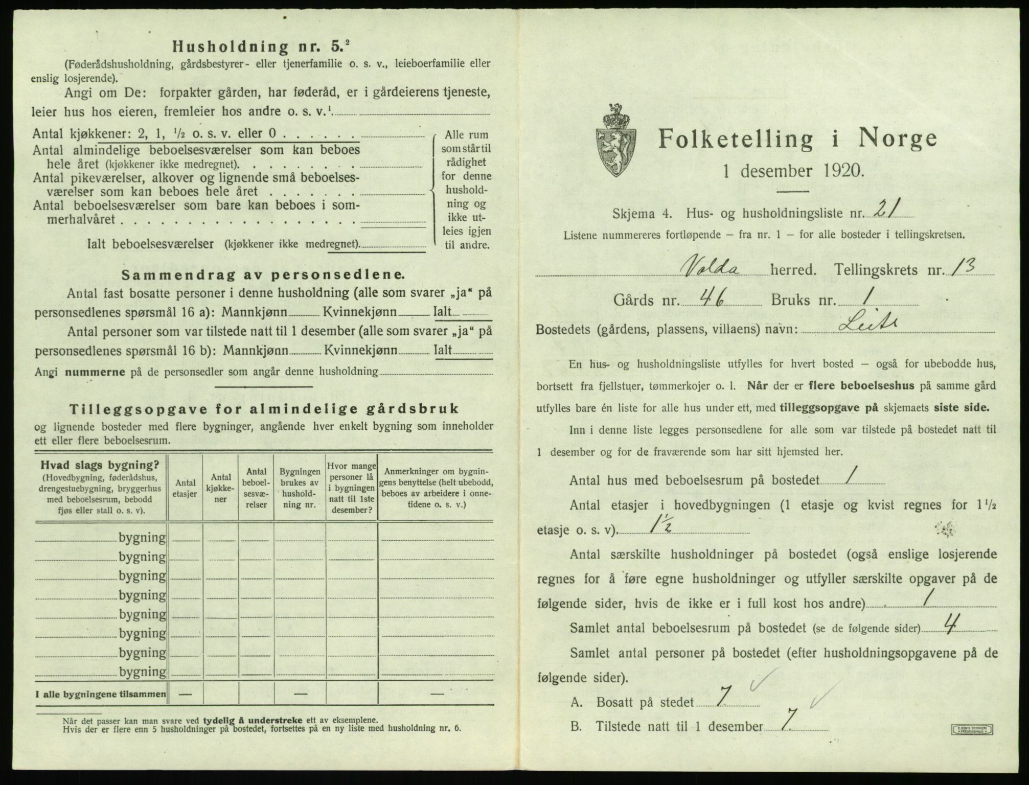 SAT, 1920 census for Volda, 1920, p. 1088