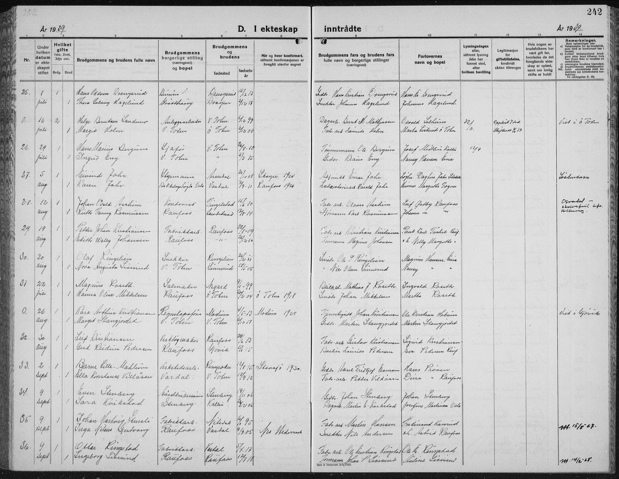 Vestre Toten prestekontor, AV/SAH-PREST-108/H/Ha/Hab/L0018: Parish register (copy) no. 18, 1928-1941, p. 242