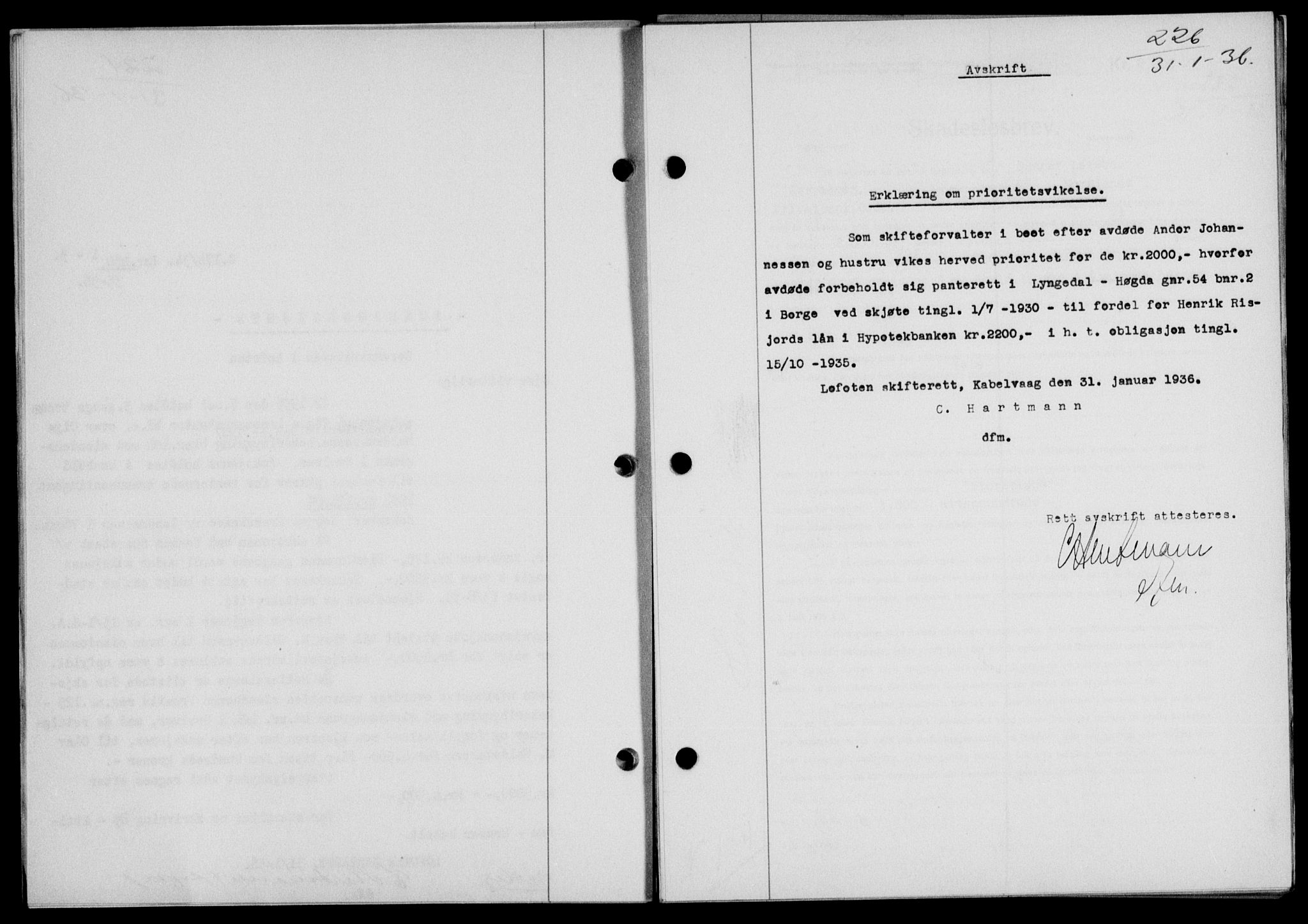Lofoten sorenskriveri, SAT/A-0017/1/2/2C/L0033b: Mortgage book no. 33b, 1936-1936, Diary no: : 226/1936