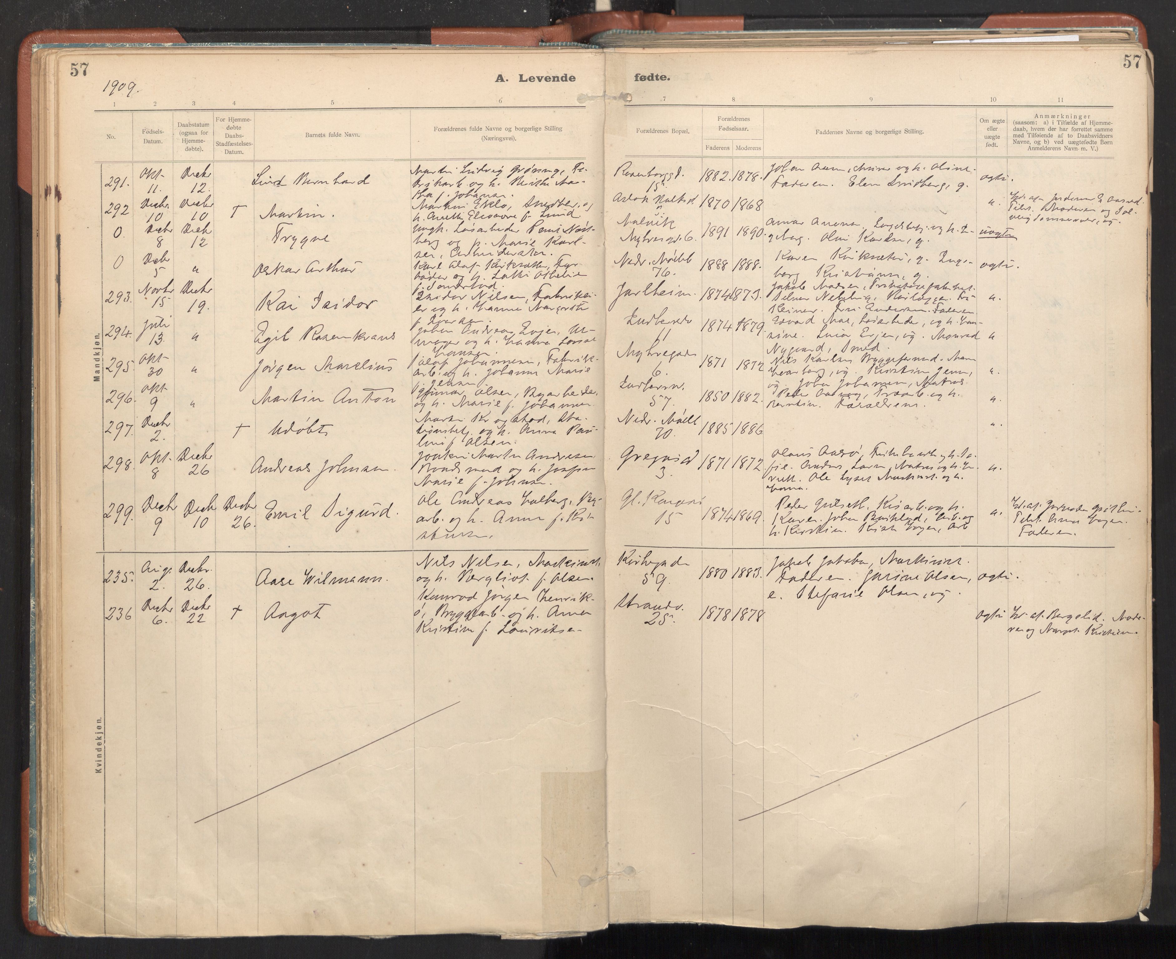 Ministerialprotokoller, klokkerbøker og fødselsregistre - Sør-Trøndelag, AV/SAT-A-1456/605/L0243: Parish register (official) no. 605A05, 1908-1923, p. 57