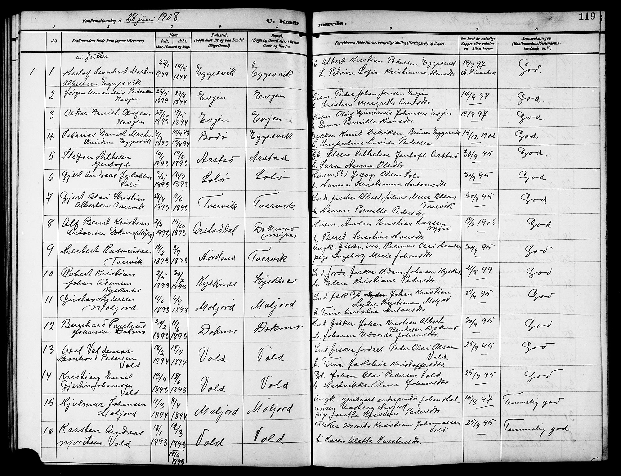 Ministerialprotokoller, klokkerbøker og fødselsregistre - Nordland, SAT/A-1459/846/L0655: Parish register (copy) no. 846C05, 1902-1916, p. 119