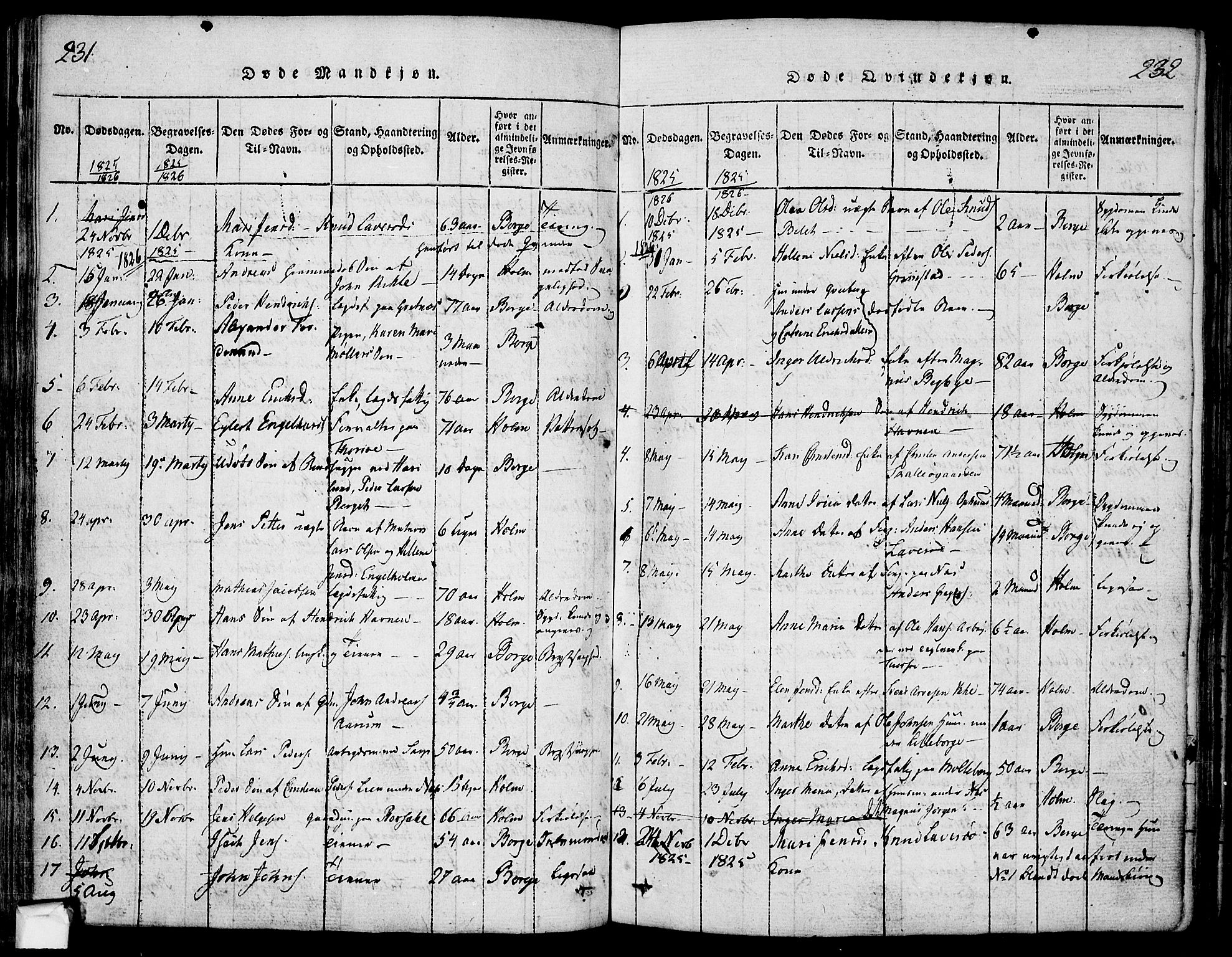 Borge prestekontor Kirkebøker, AV/SAO-A-10903/F/Fa/L0003: Parish register (official) no. I 3, 1815-1836, p. 231-232